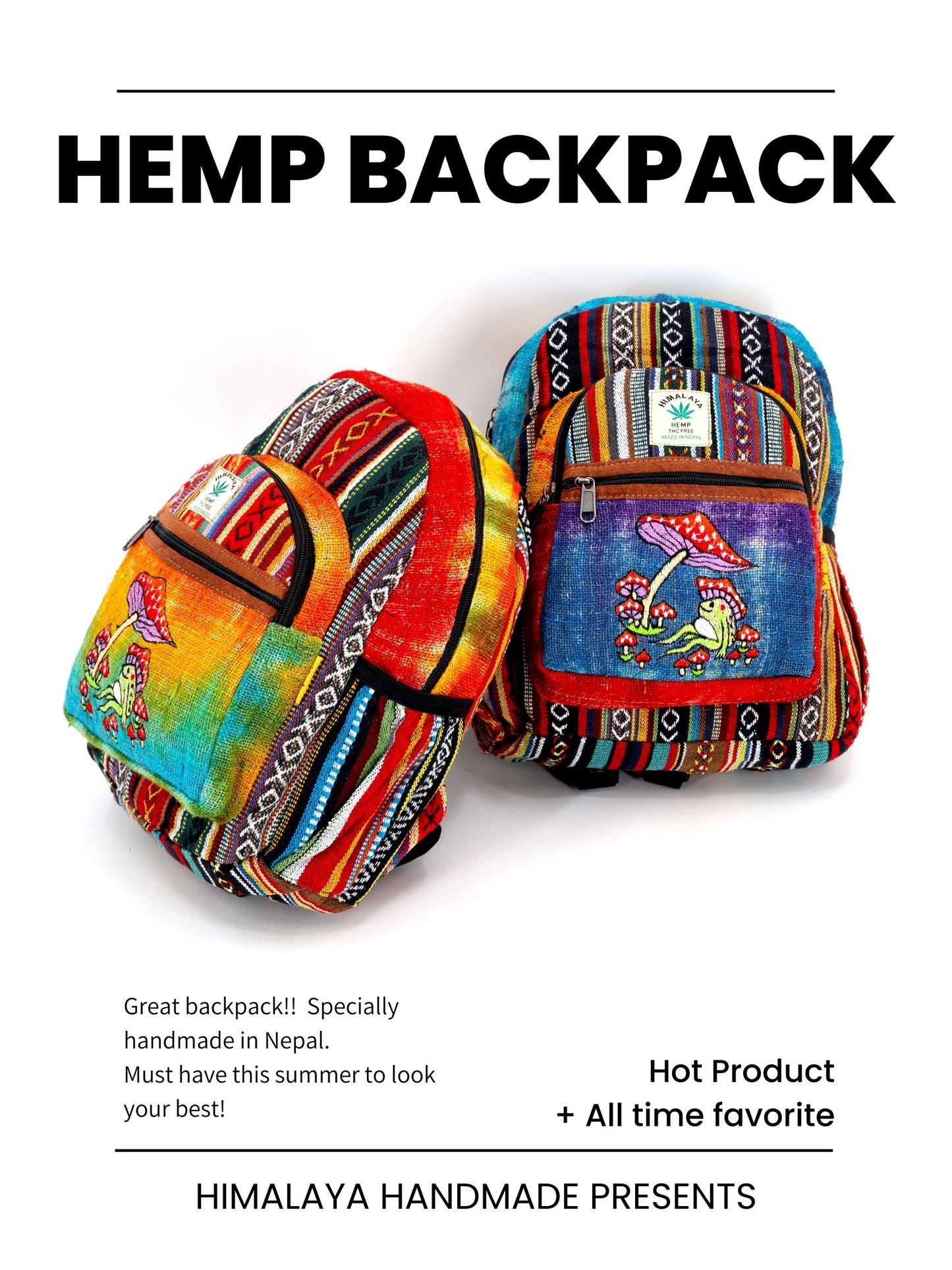 Hemp Frog Mushroom Hand Embroidered Tie Dye Mini Backpack