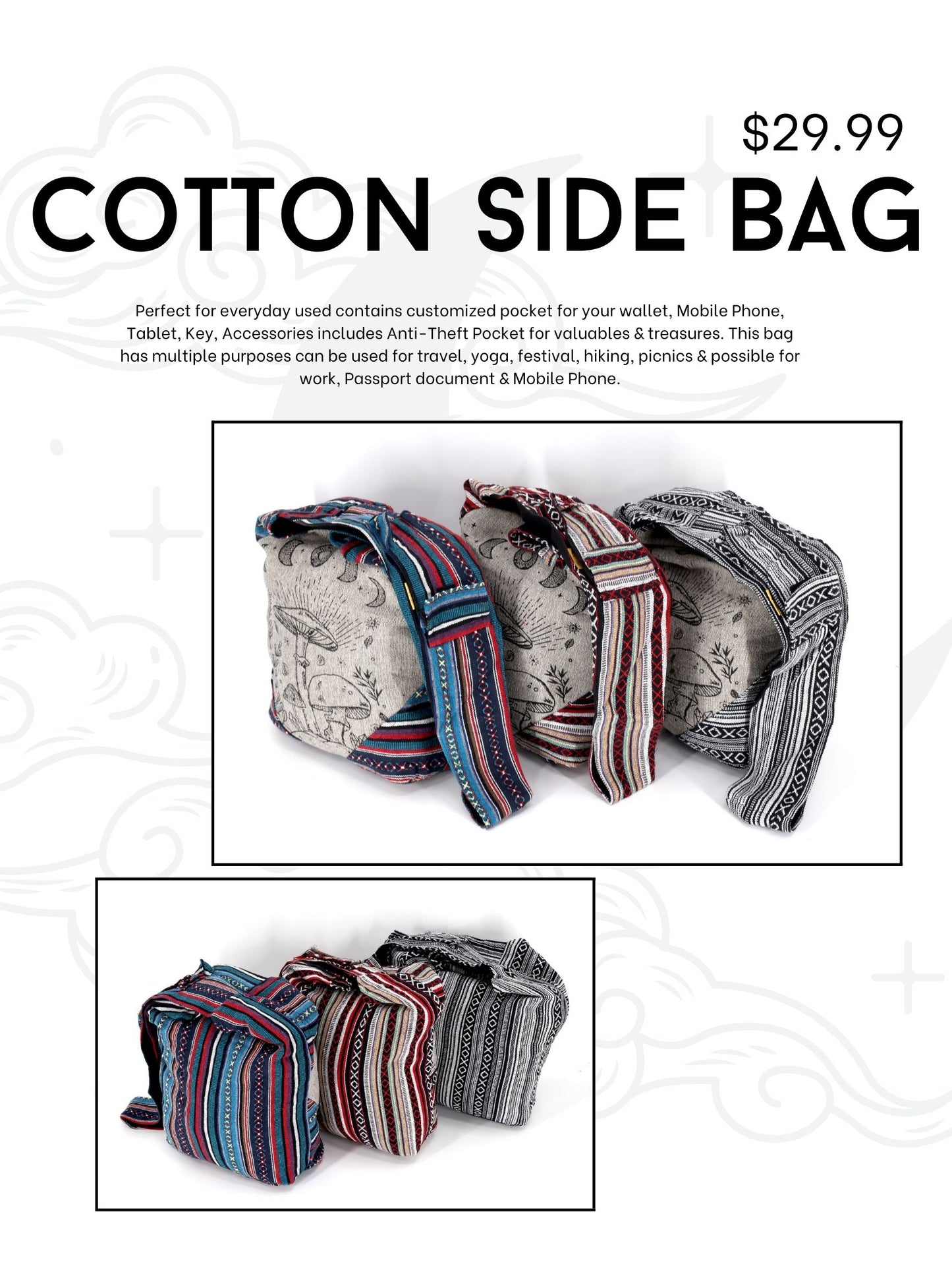 Cotton Mushroom Print Frame Design Handmade Crossbody Bag