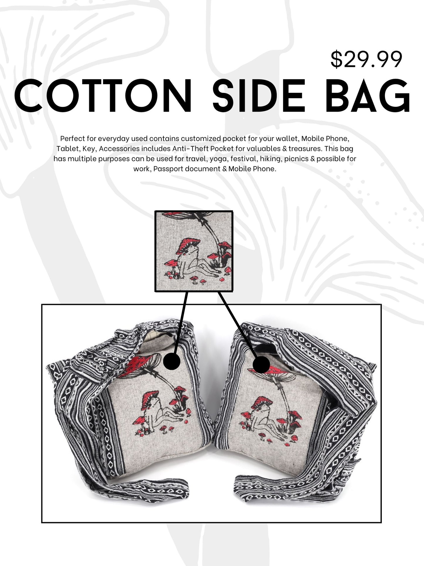 Cotton Frog Mushroom Print Handmade Crossbody Bag