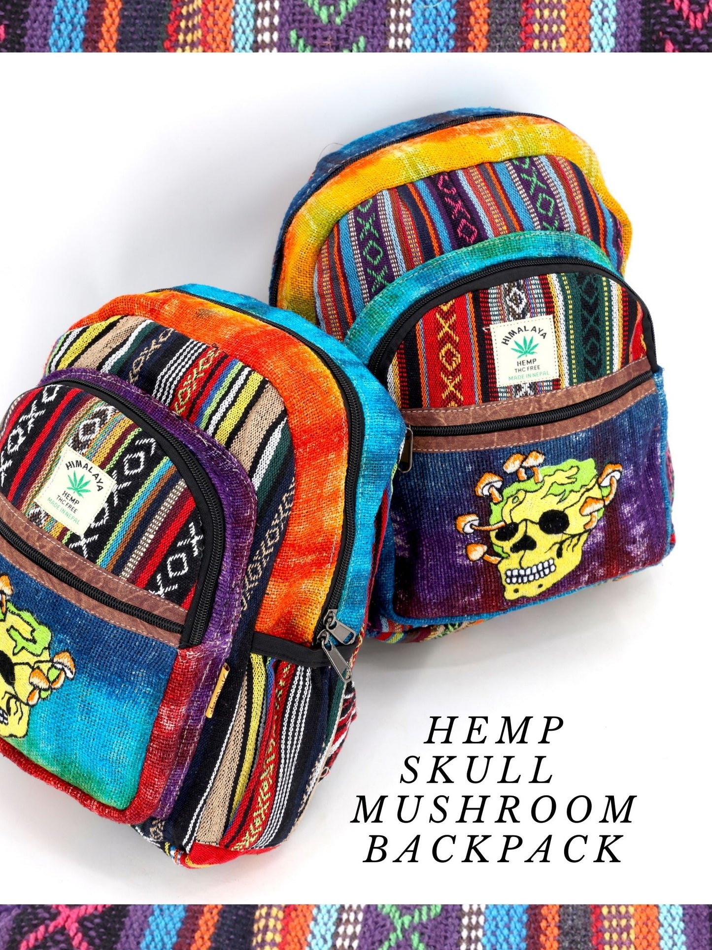 Hemp Skull Mushroom Hand Embroidered Tie Dye Mini Backpack