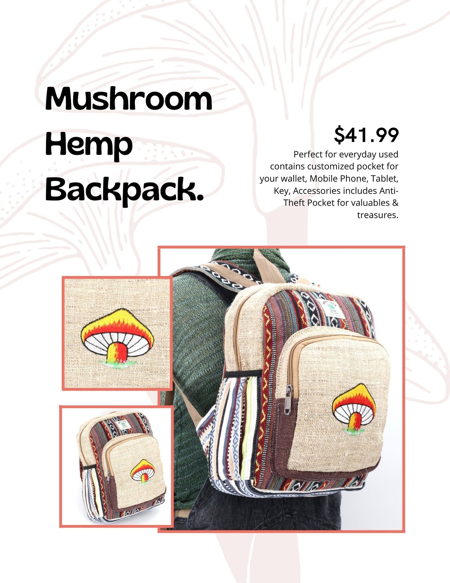 Hemp Mushroom Hand Embroidered Mini Backpack