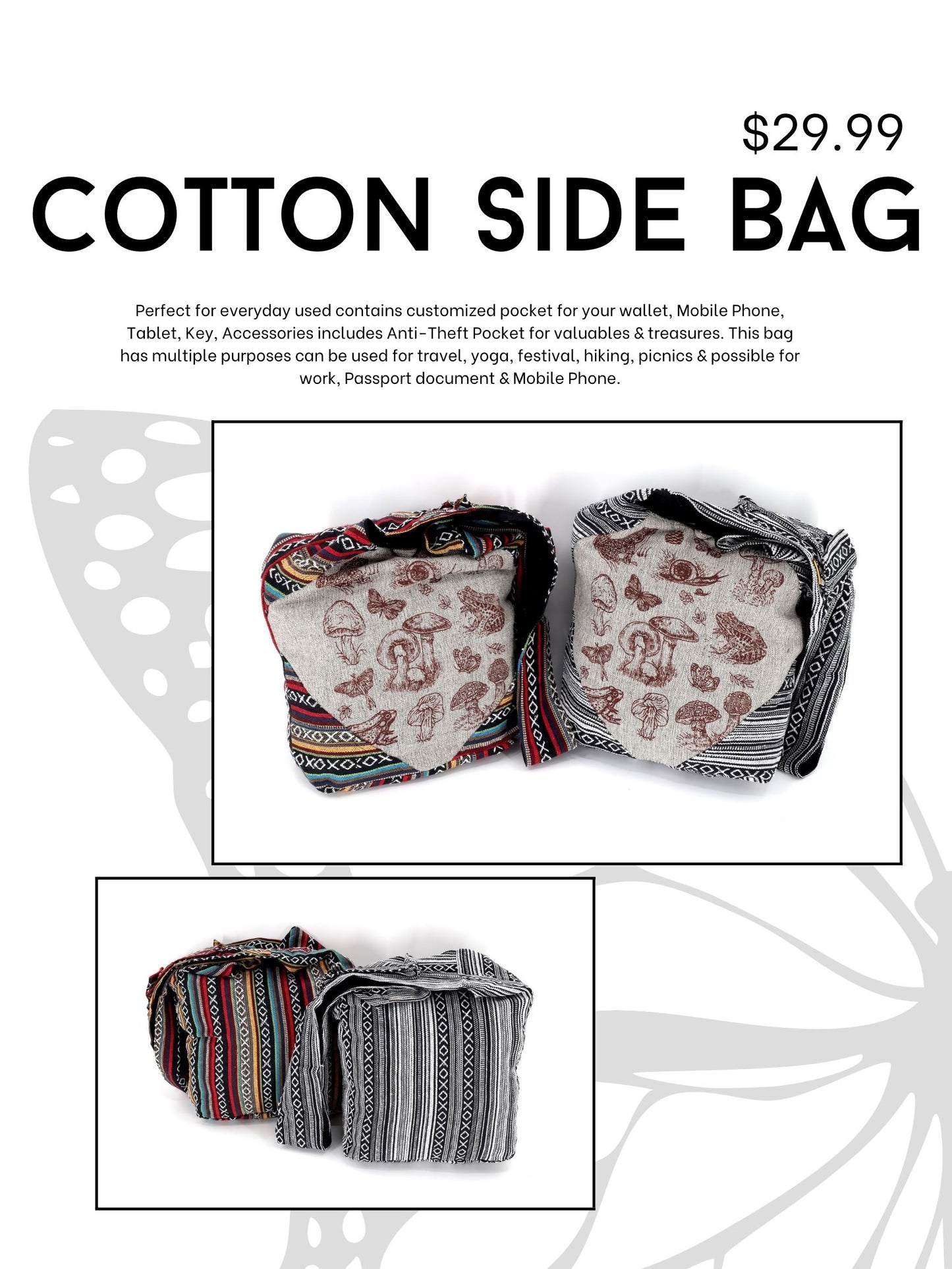Cotton Frog, Mushroom, Snail Print Frame Design Handmade Crossbody Bag