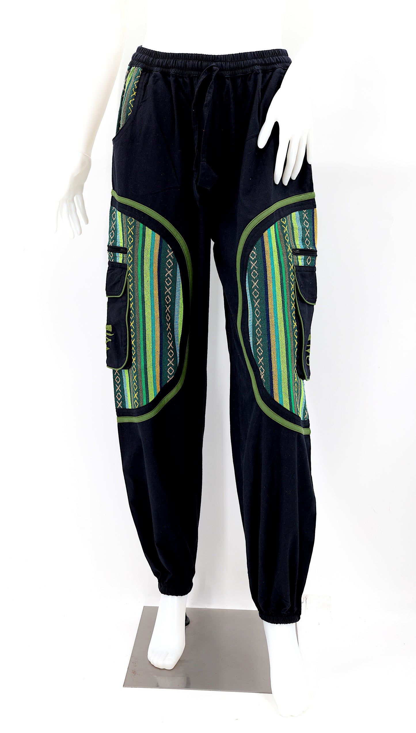 Embroidered harem trousers with cultural symbols and drawstring waist