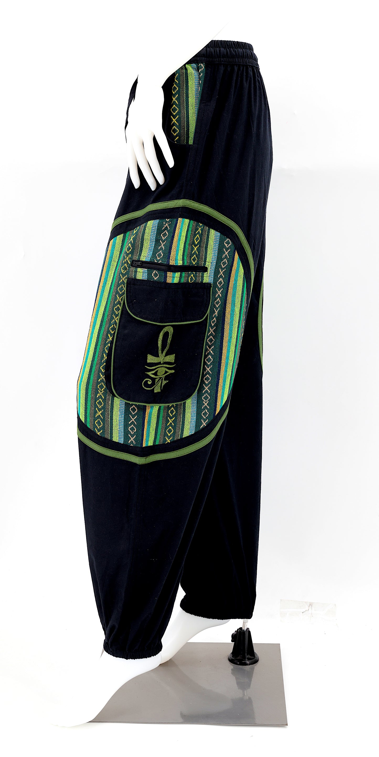 Side view of bohemian harem pants with ancient Egyptian motifs