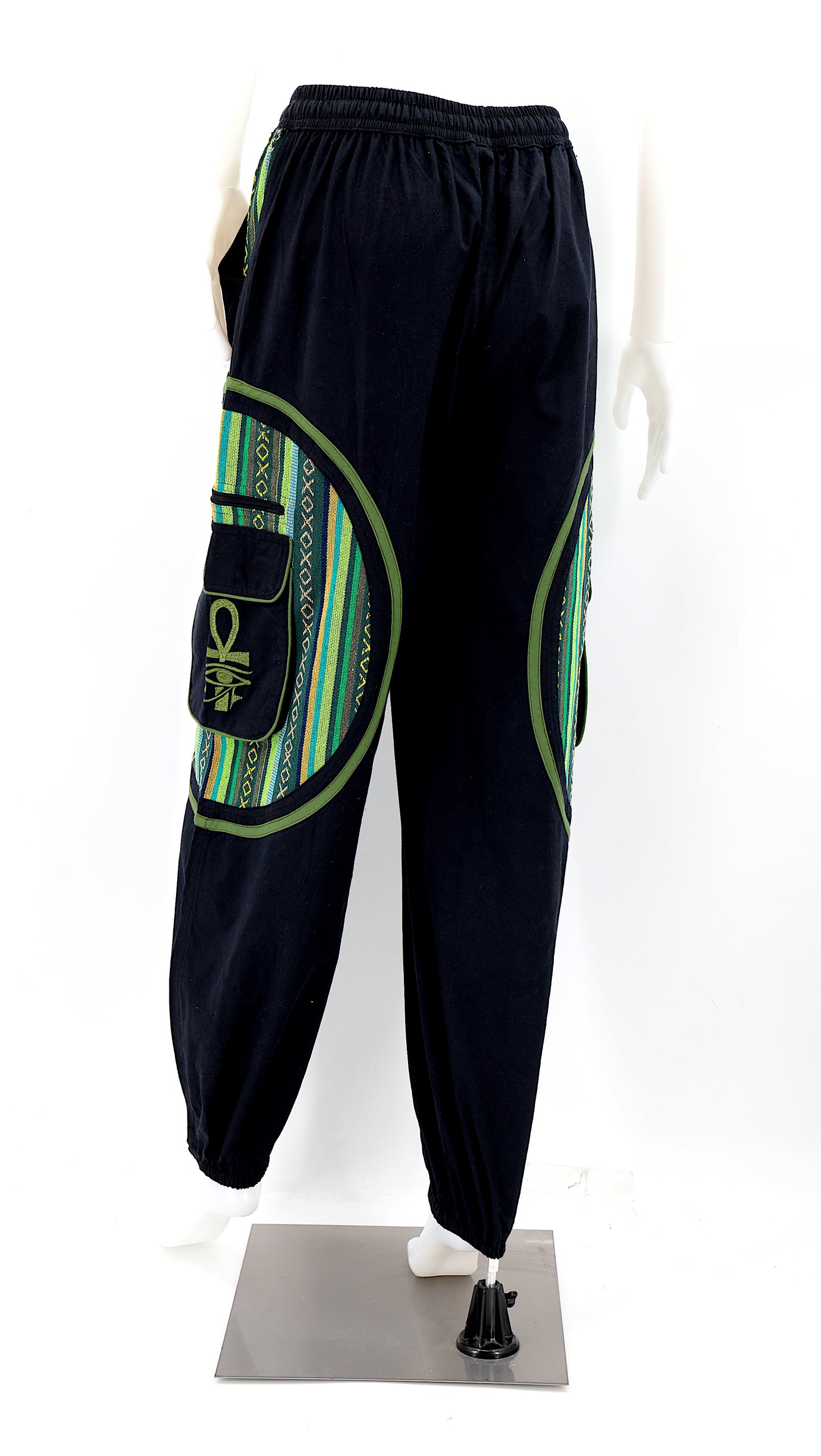Back view of Egyptian embroidered straight-leg harem pants