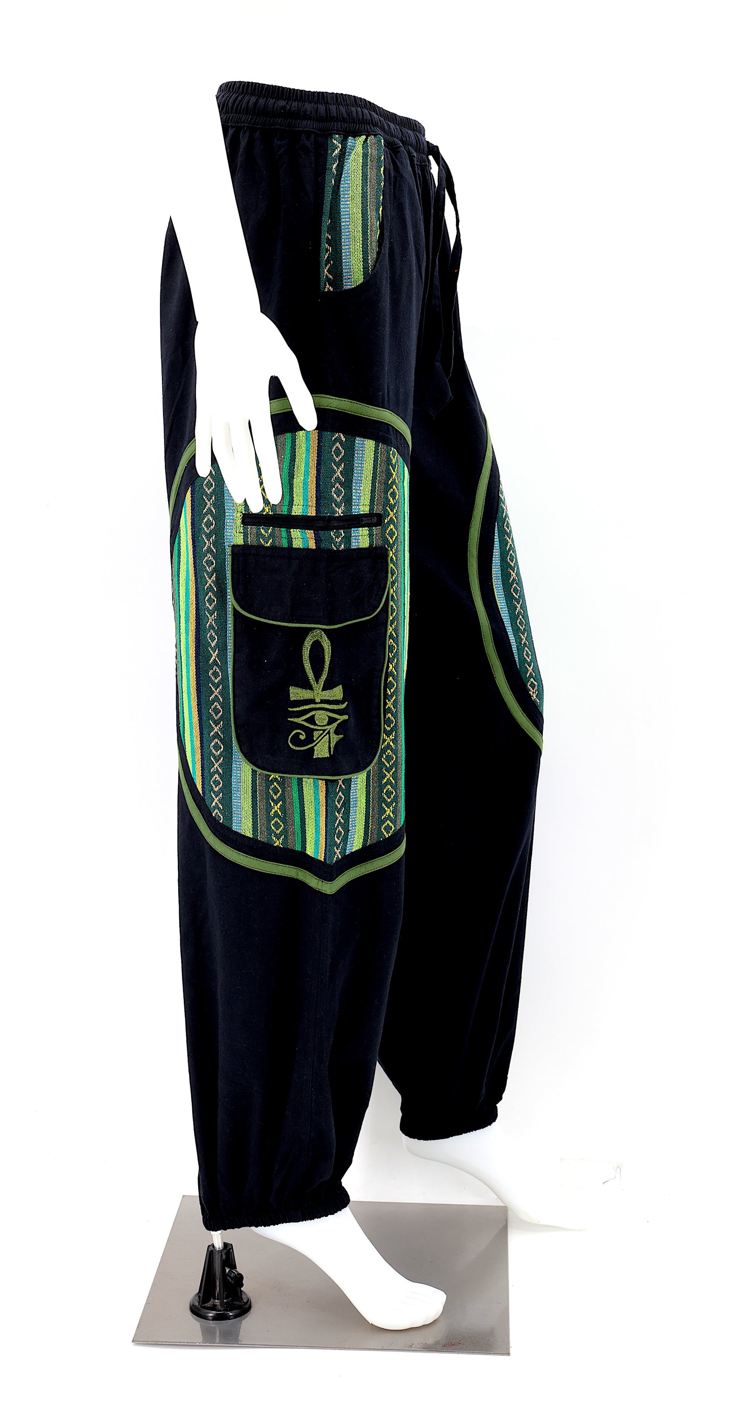 Side view of bohemian harem pants with ancient Egyptian motifs