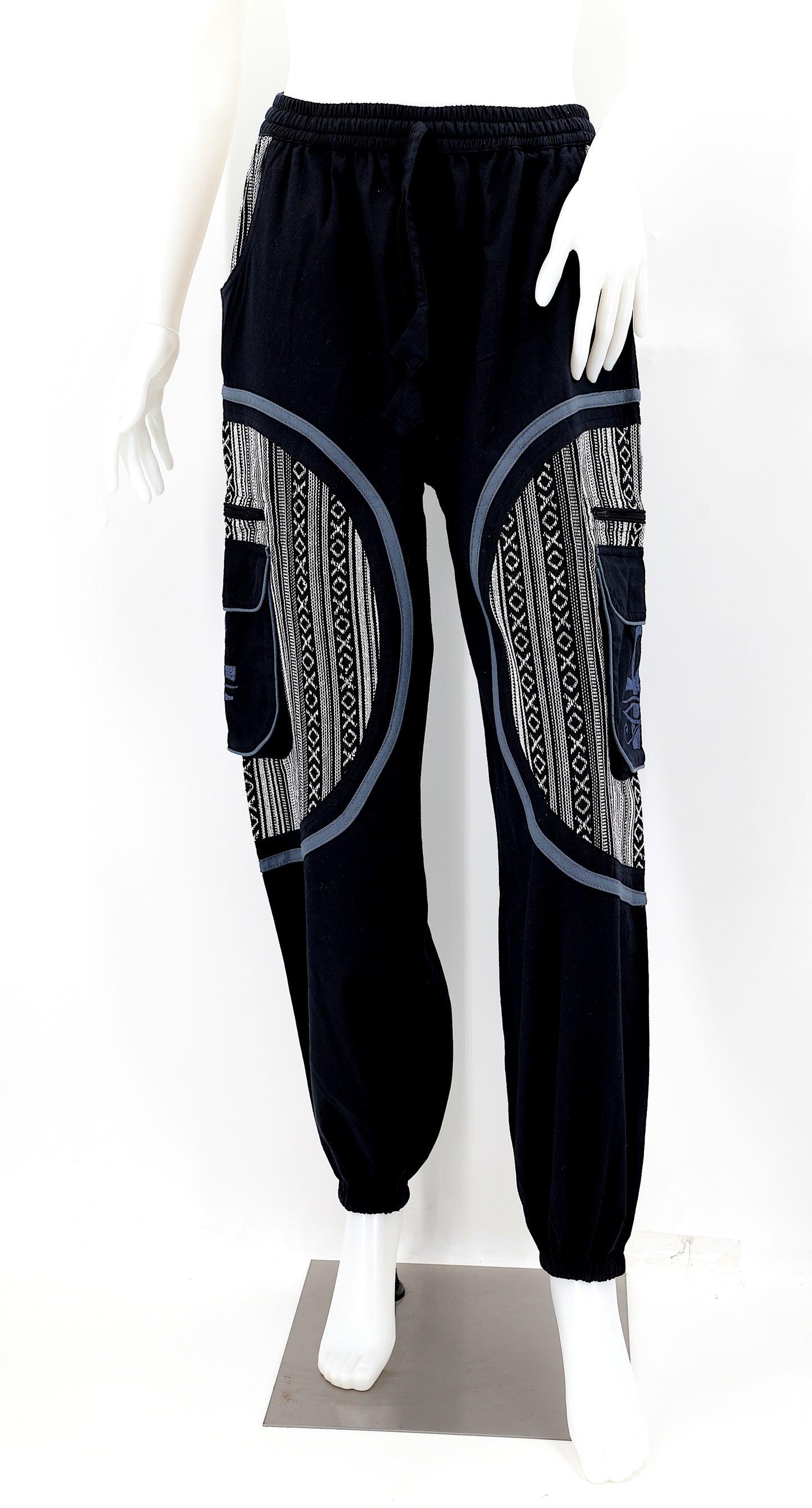 Embroidered harem trousers with cultural symbols and drawstring waist