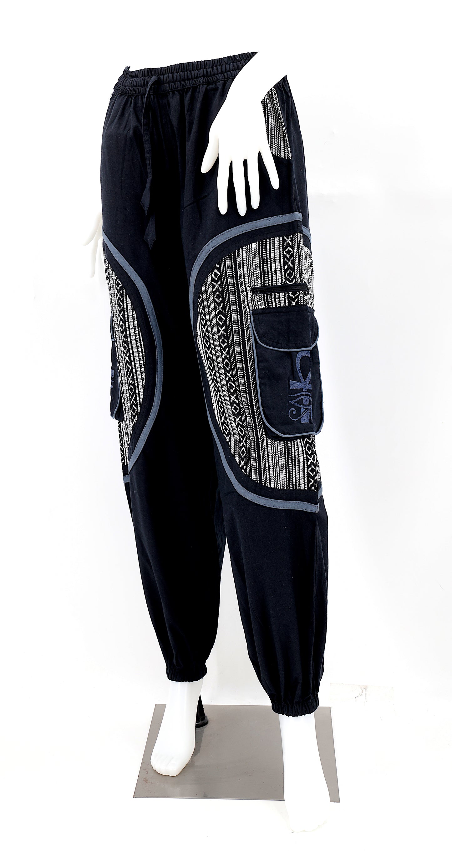 Artistic cotton harem pants with Eye of Ra and Eye of Horus embroidery