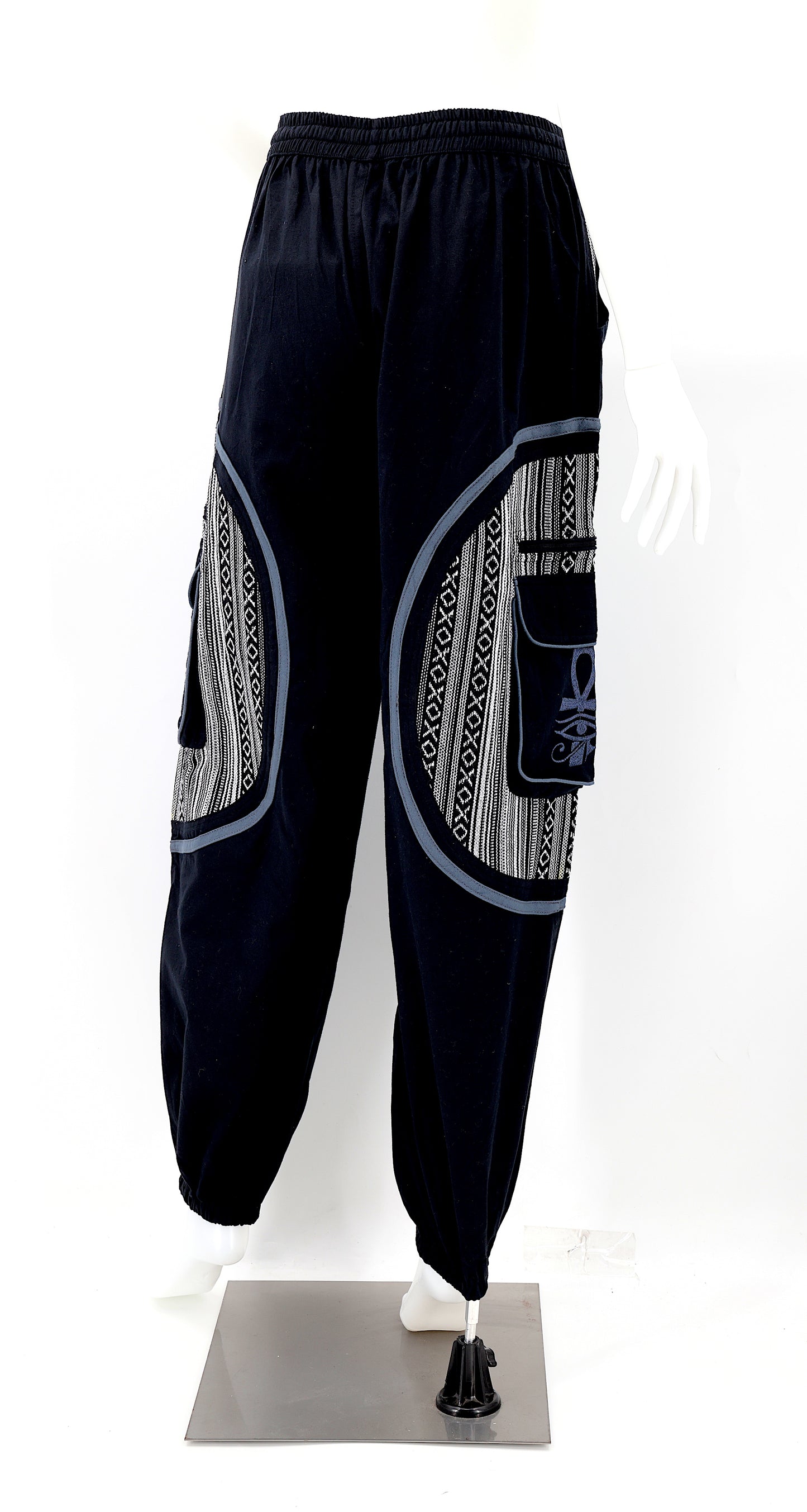 Back view of Egyptian embroidered straight-leg harem pants