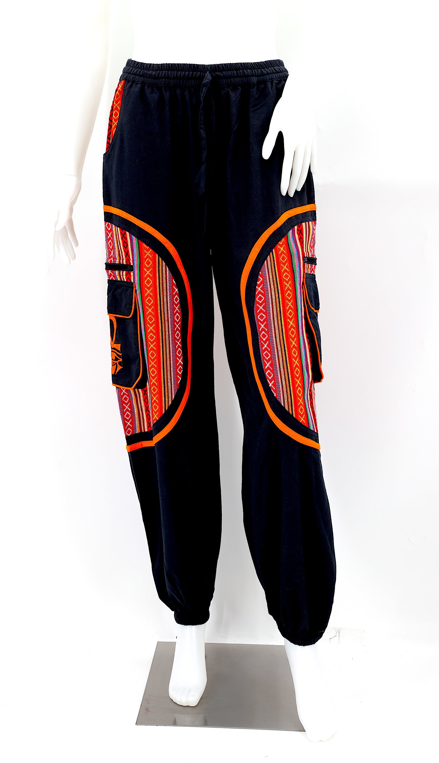 Embroidered harem trousers with cultural symbols and drawstring waist