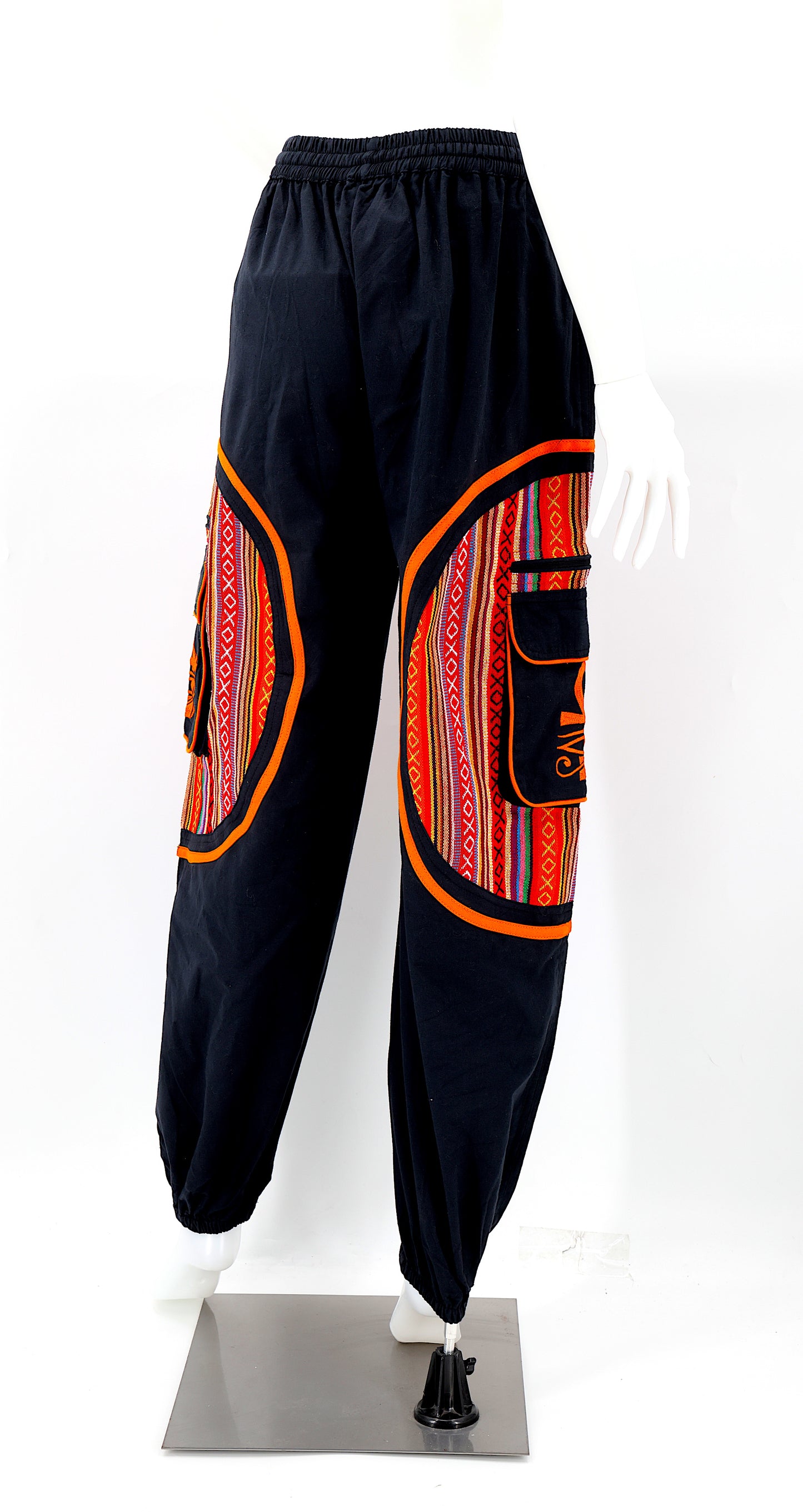 Back view of Egyptian embroidered straight-leg harem pants