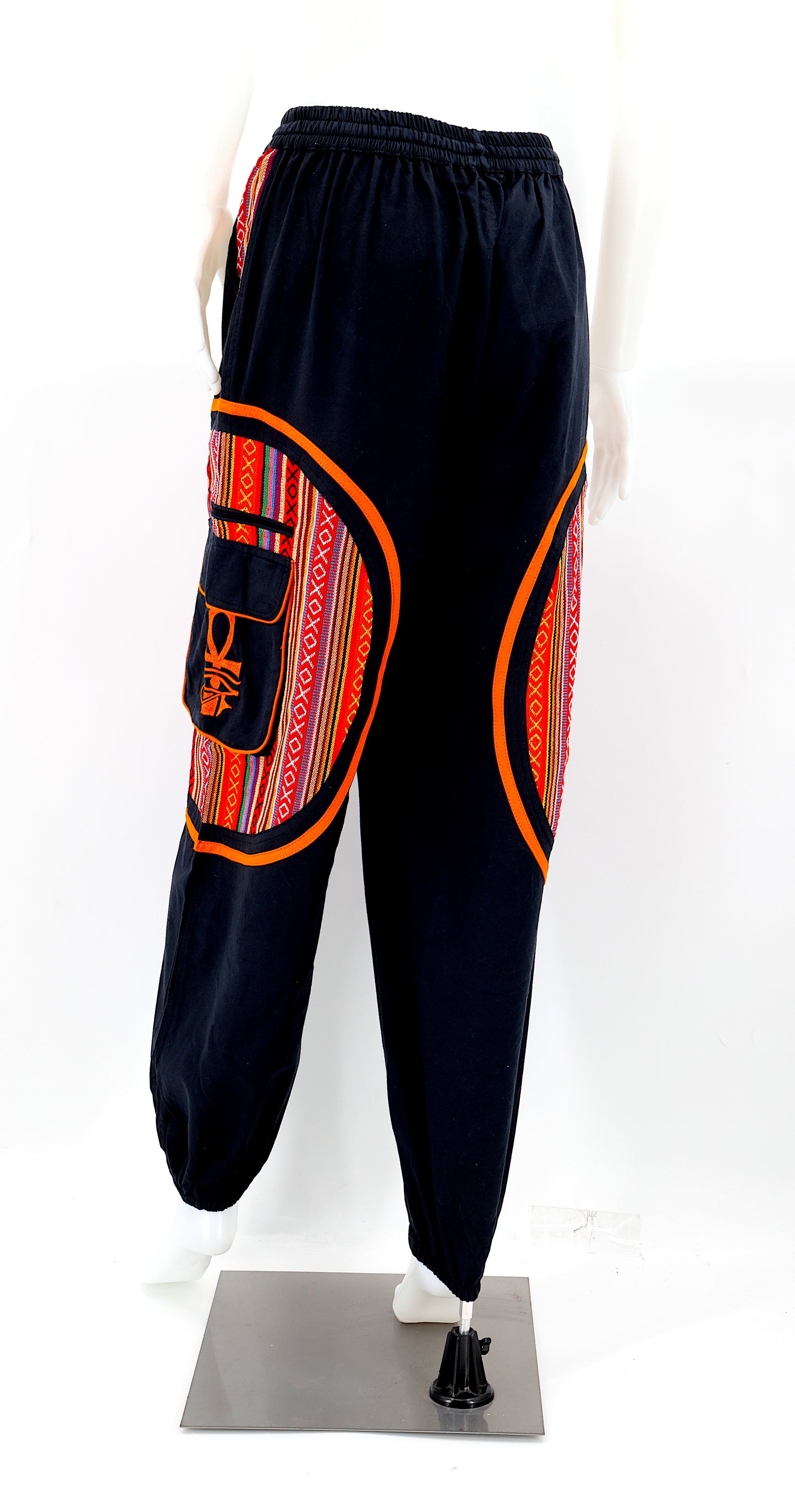 Back view of Egyptian embroidered straight-leg harem pants