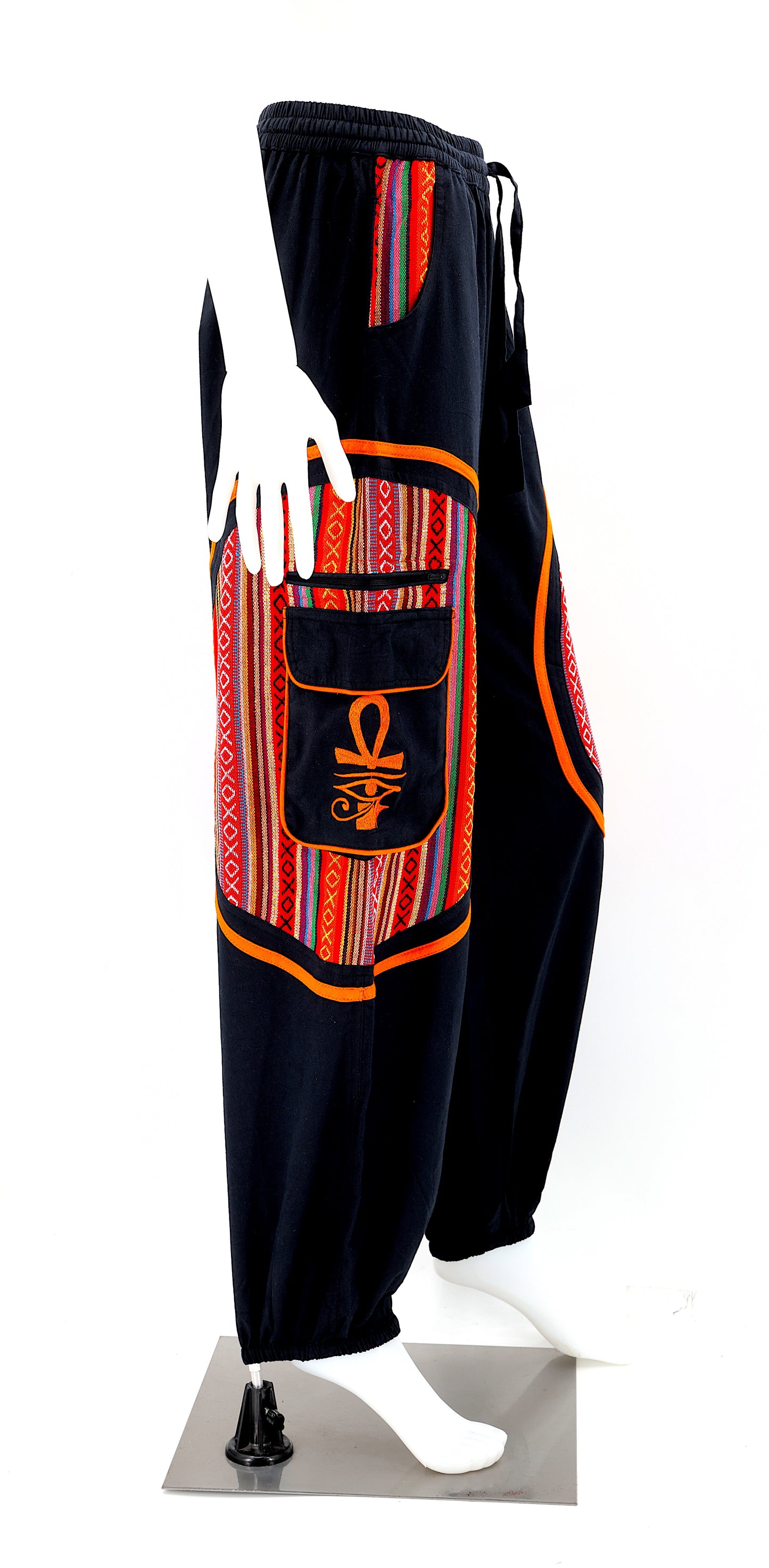 Side view of bohemian harem pants with ancient Egyptian motifs