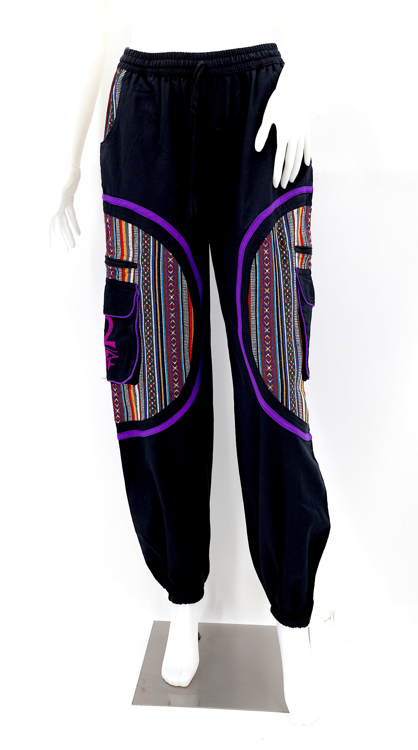 Embroidered harem trousers with cultural symbols and drawstring waist