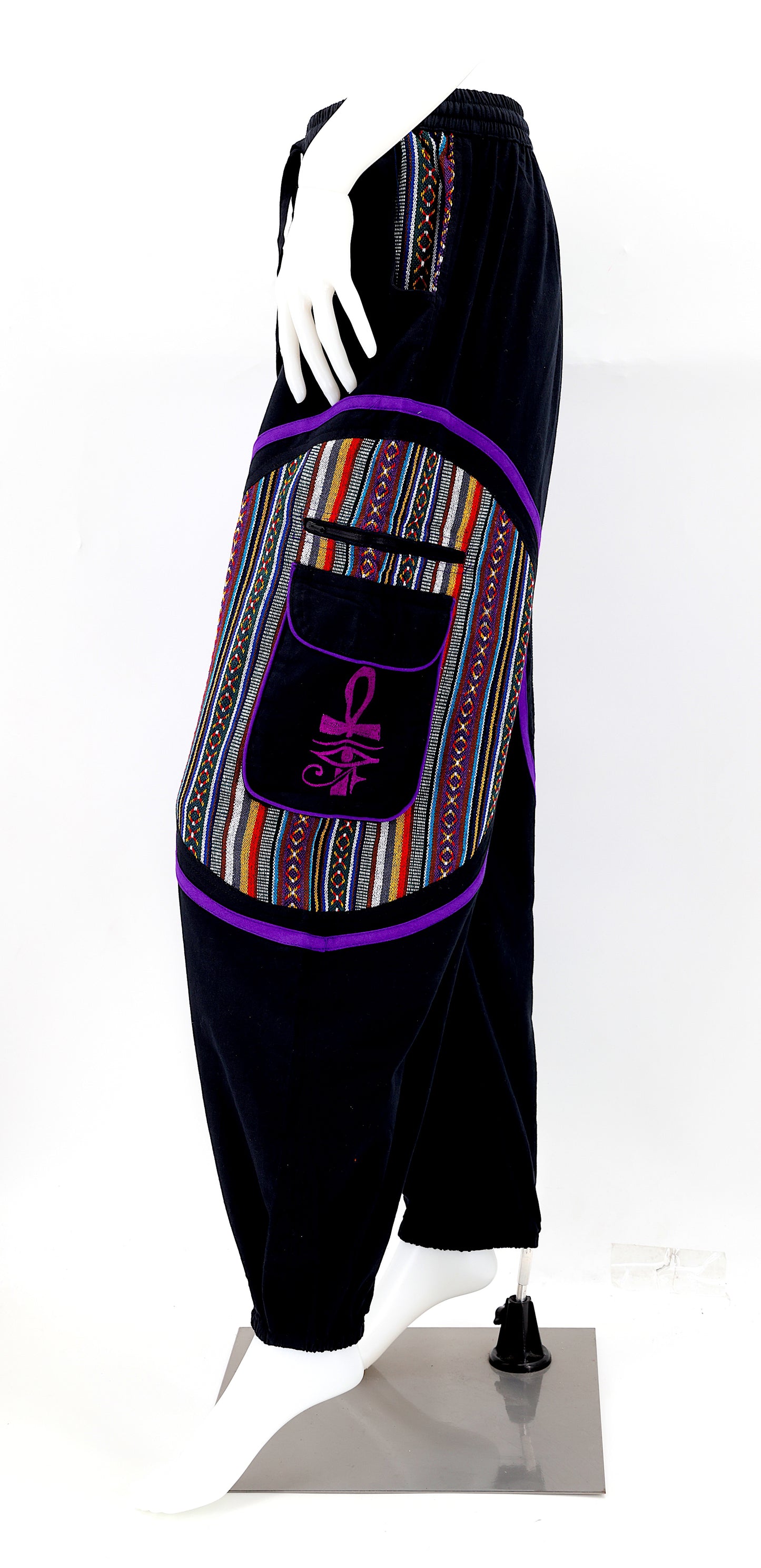 Side view of bohemian harem pants with ancient Egyptian motifs