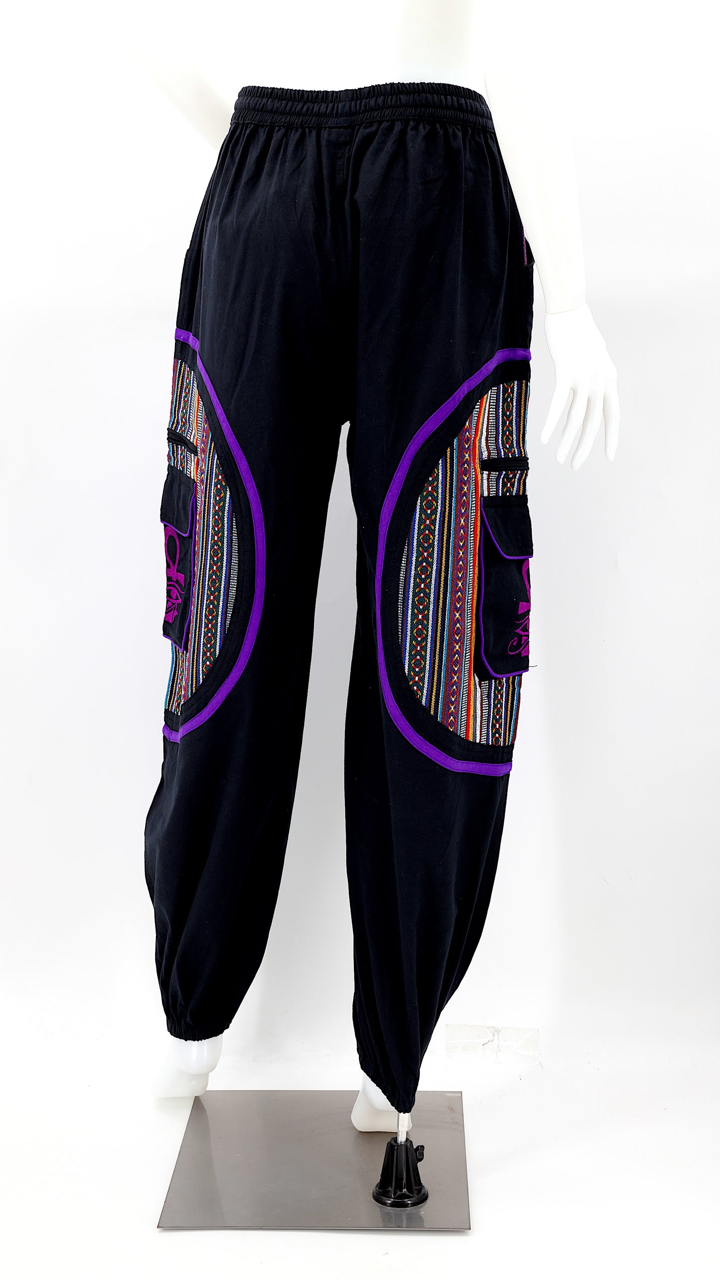 Back view of Egyptian embroidered straight-leg harem pants