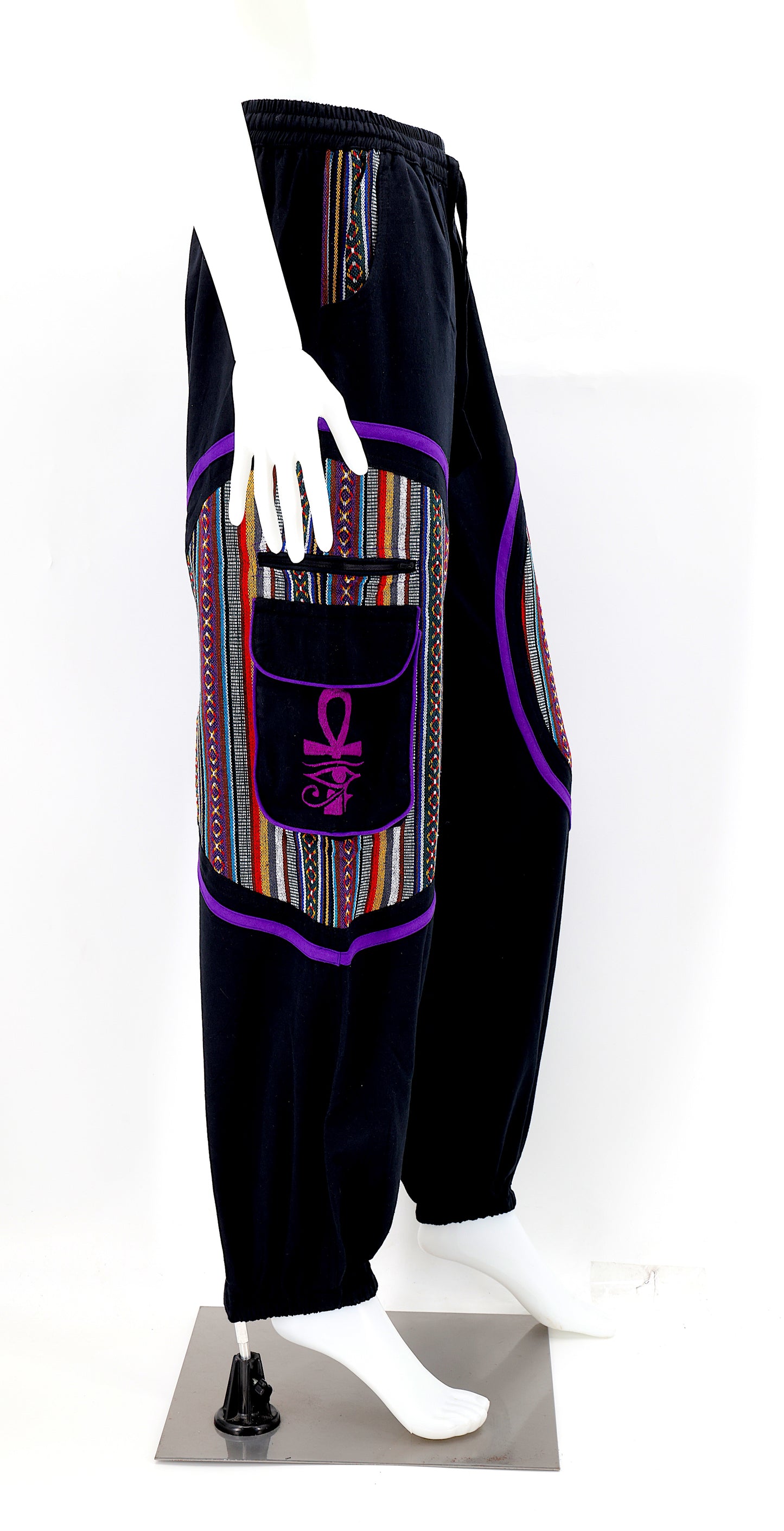 Side view of bohemian harem pants with ancient Egyptian motifs