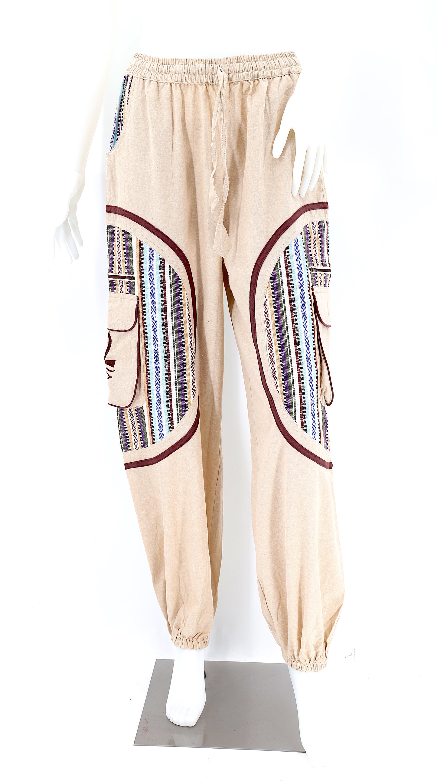 Embroidered harem trousers with cultural symbols and drawstring waist