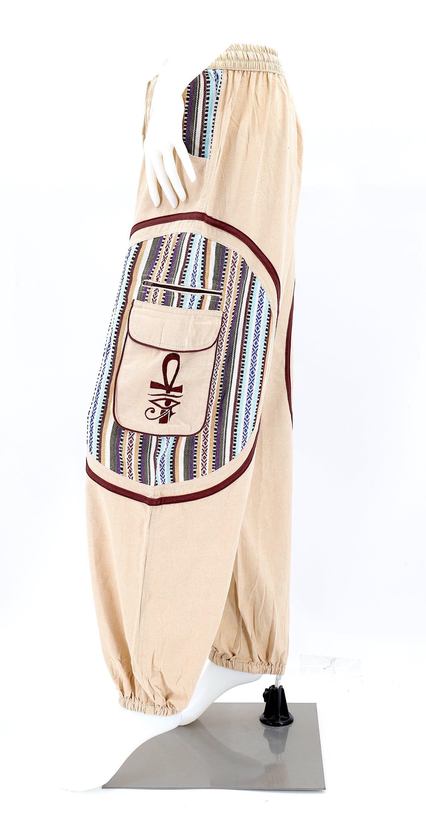 Side view of bohemian harem pants with ancient Egyptian motifs