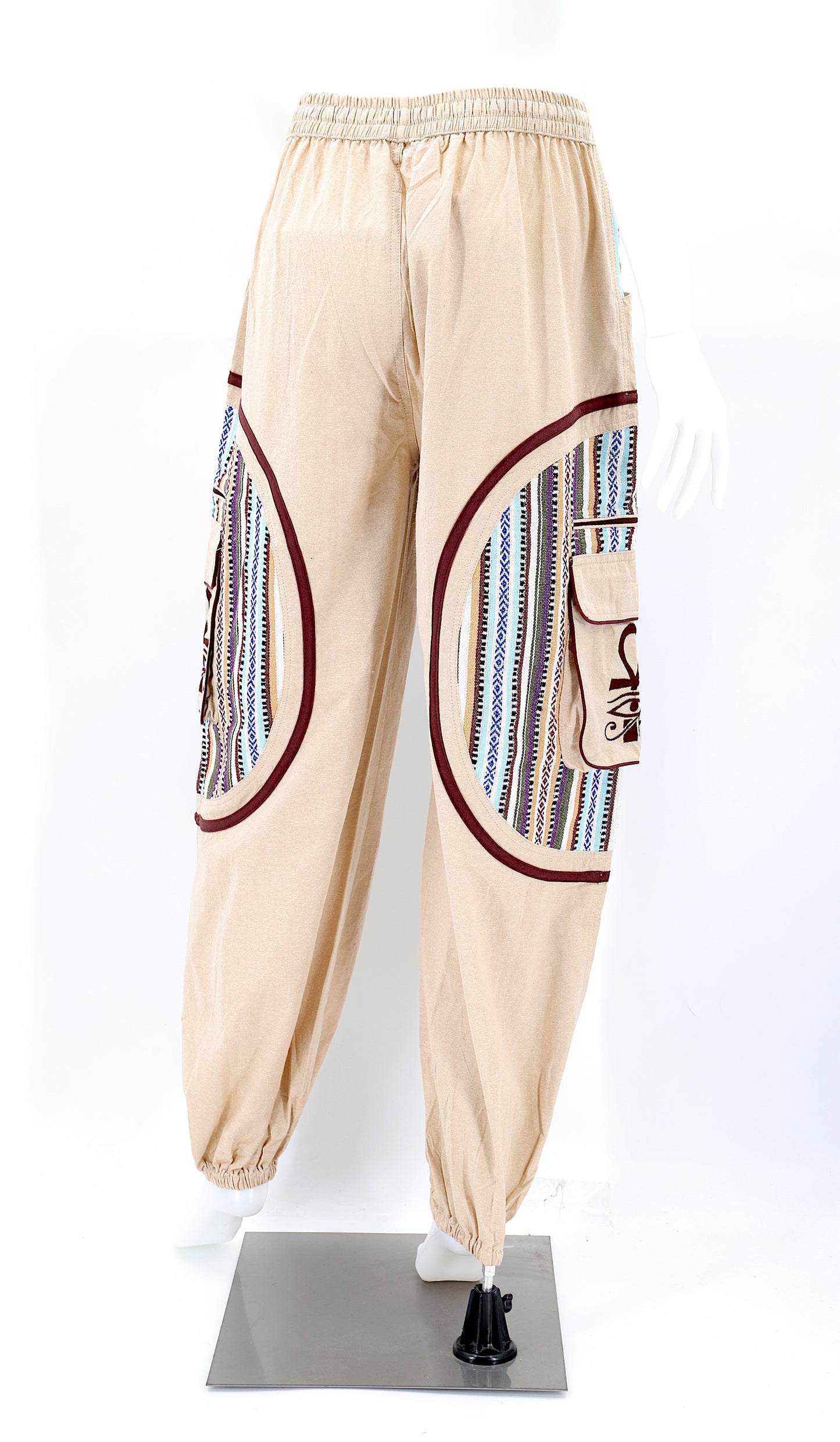 Back view of Egyptian embroidered straight-leg harem pants