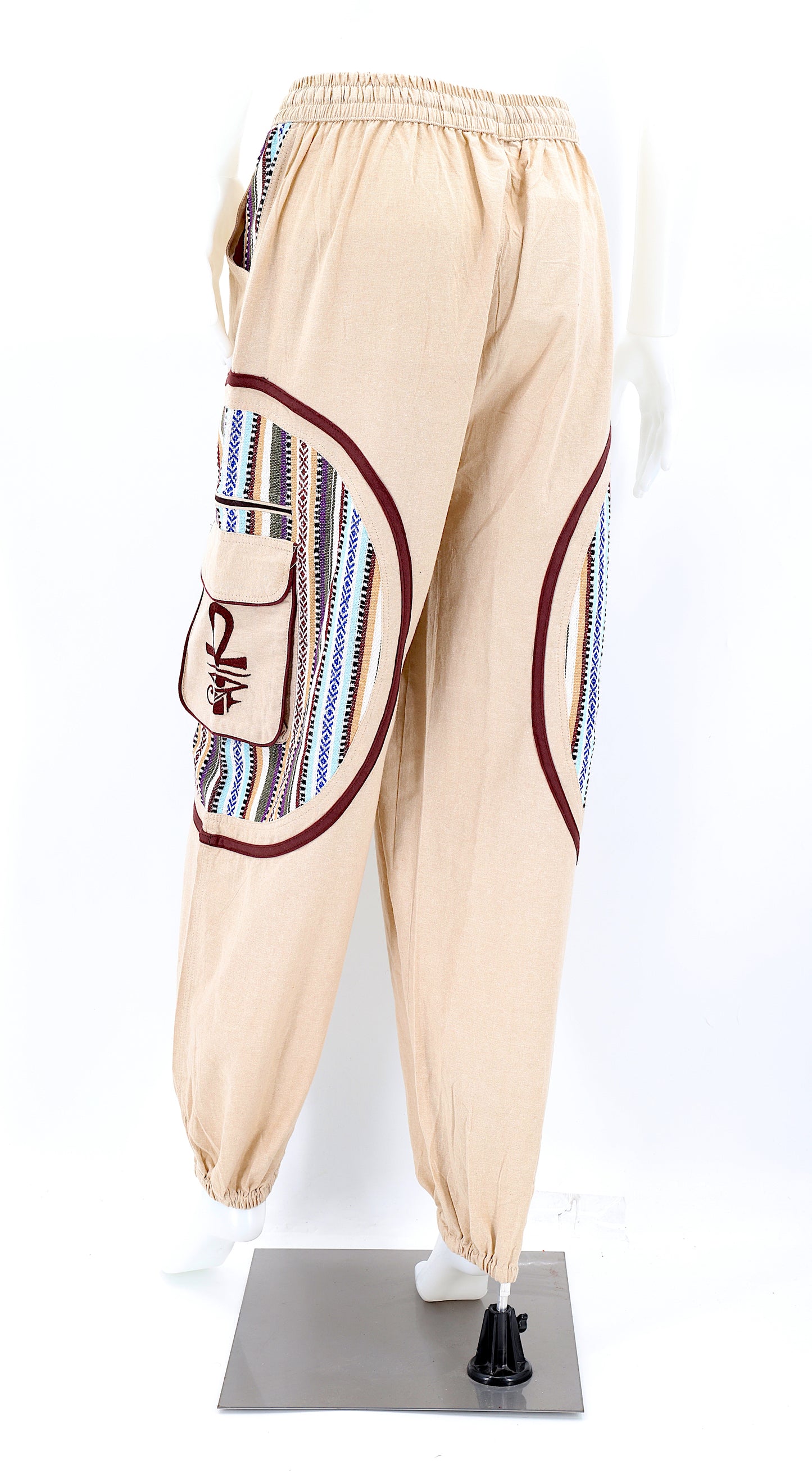 Back view of Egyptian embroidered straight-leg harem pants