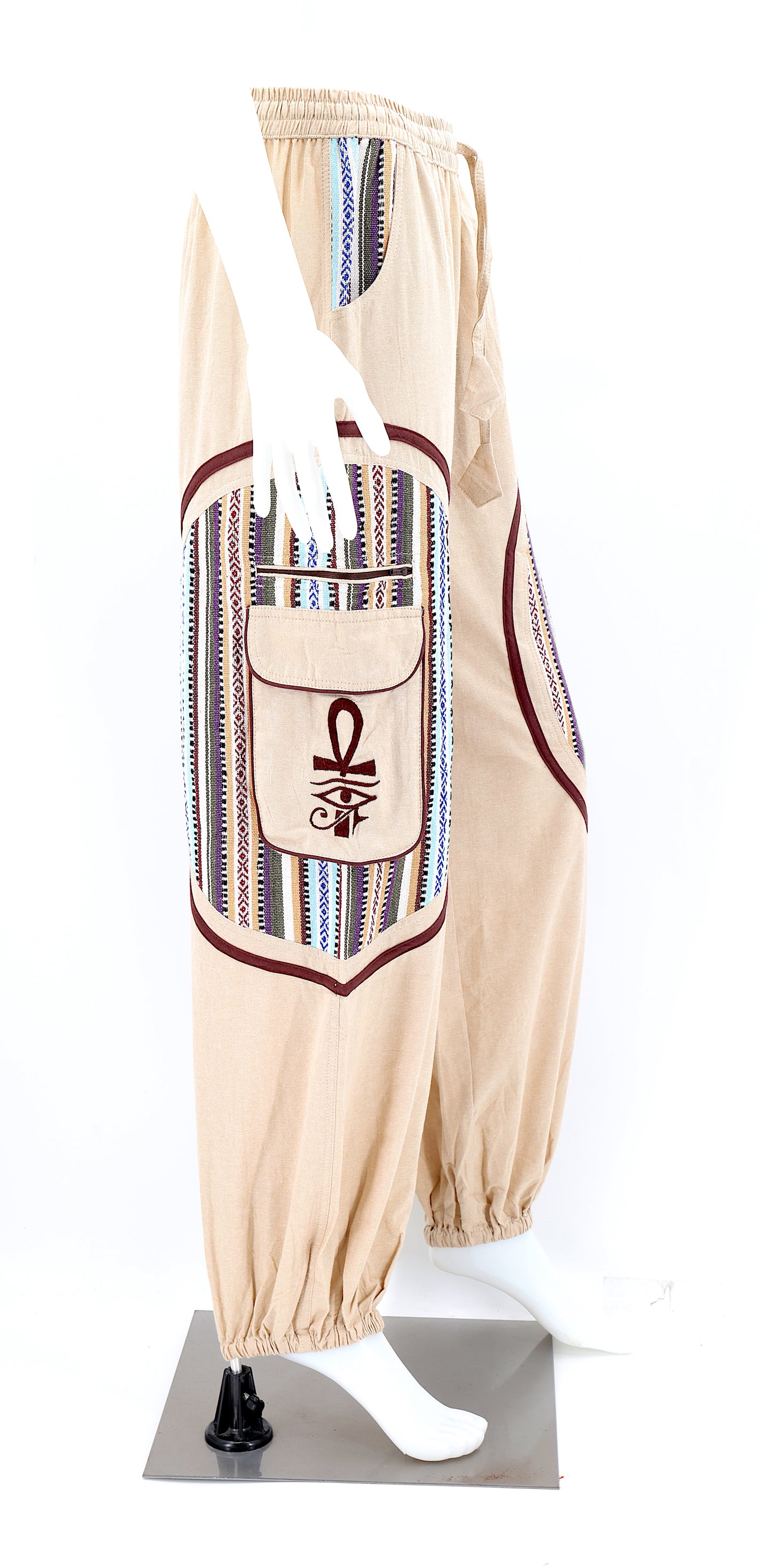Side view of bohemian harem pants with ancient Egyptian motifs