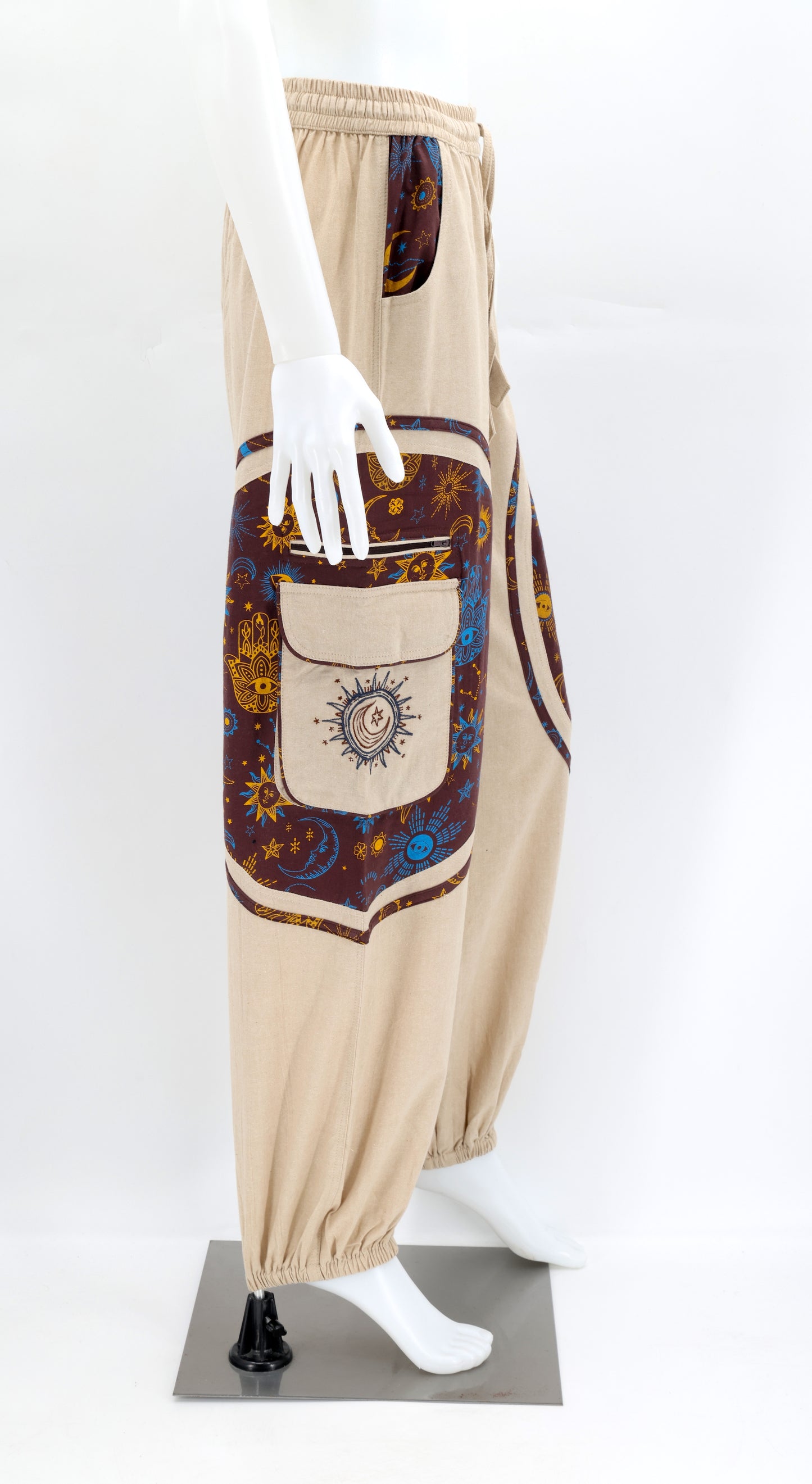 Cotton Hippie Handmade Harem Sun, Moon And Stars Embroidered Celestial Patterned Bohemian Pants