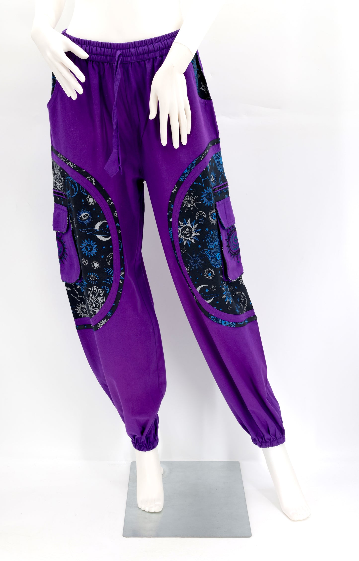 Cotton Hippie Handmade Harem Sun, Moon And Stars Embroidered Celestial Patterned Bohemian Pants