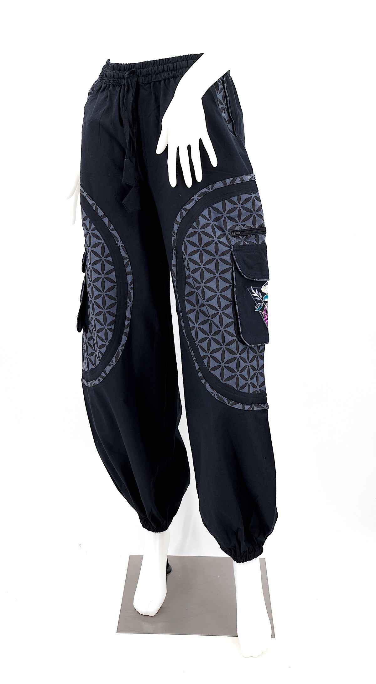 Artistic mushroom-stitched pants made from natural cotton