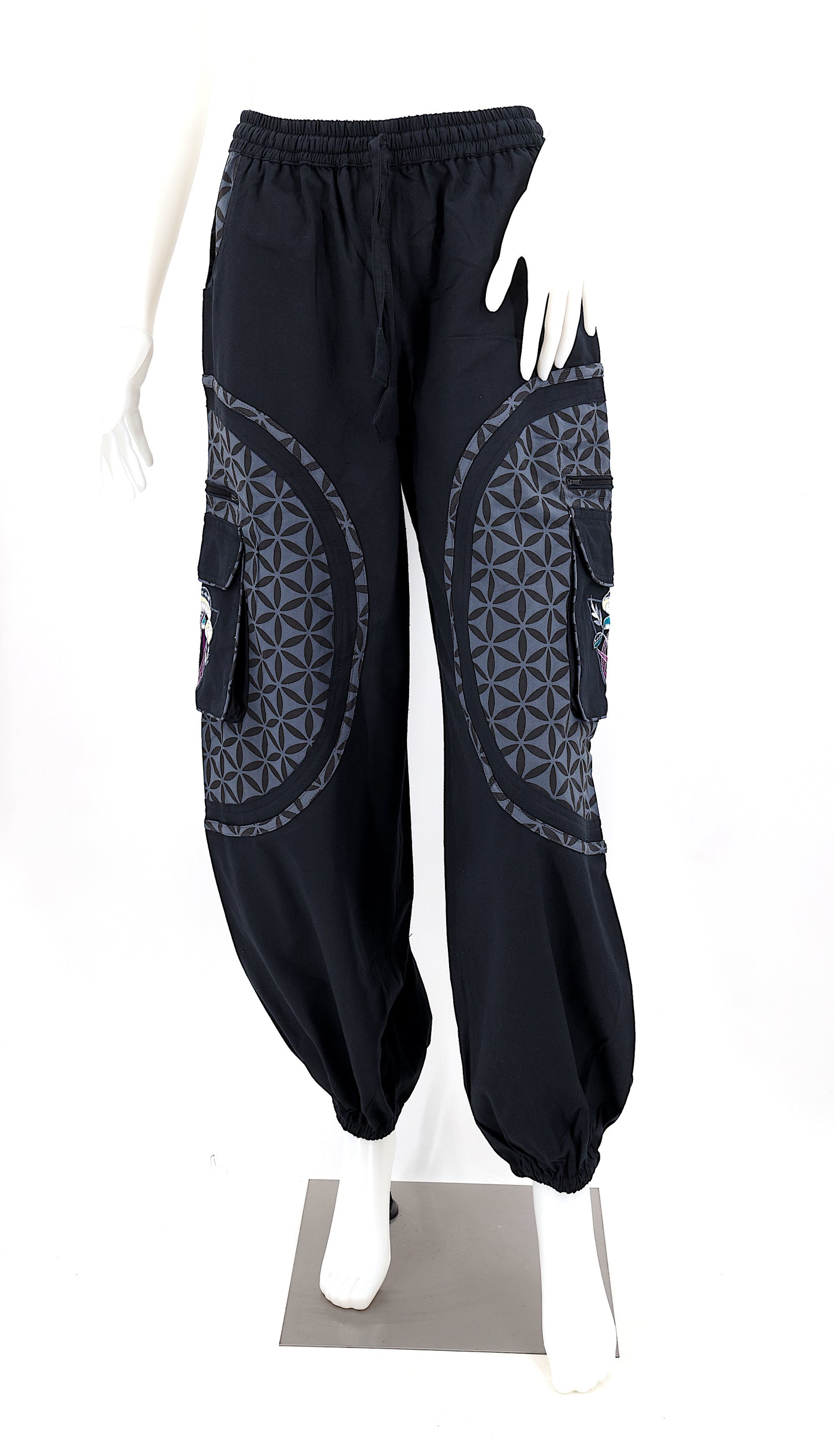 Artistic mushroom-stitched pants made from natural cotton