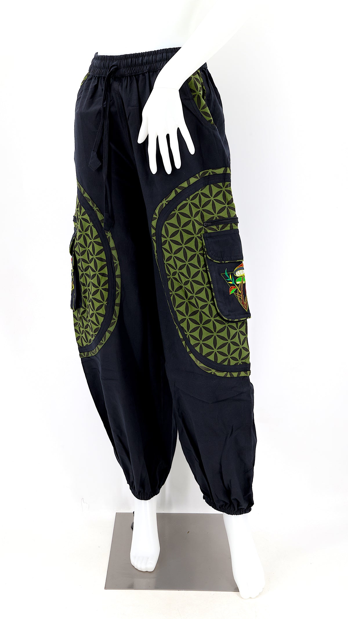 Artistic mushroom-stitched pants made from natural cotton