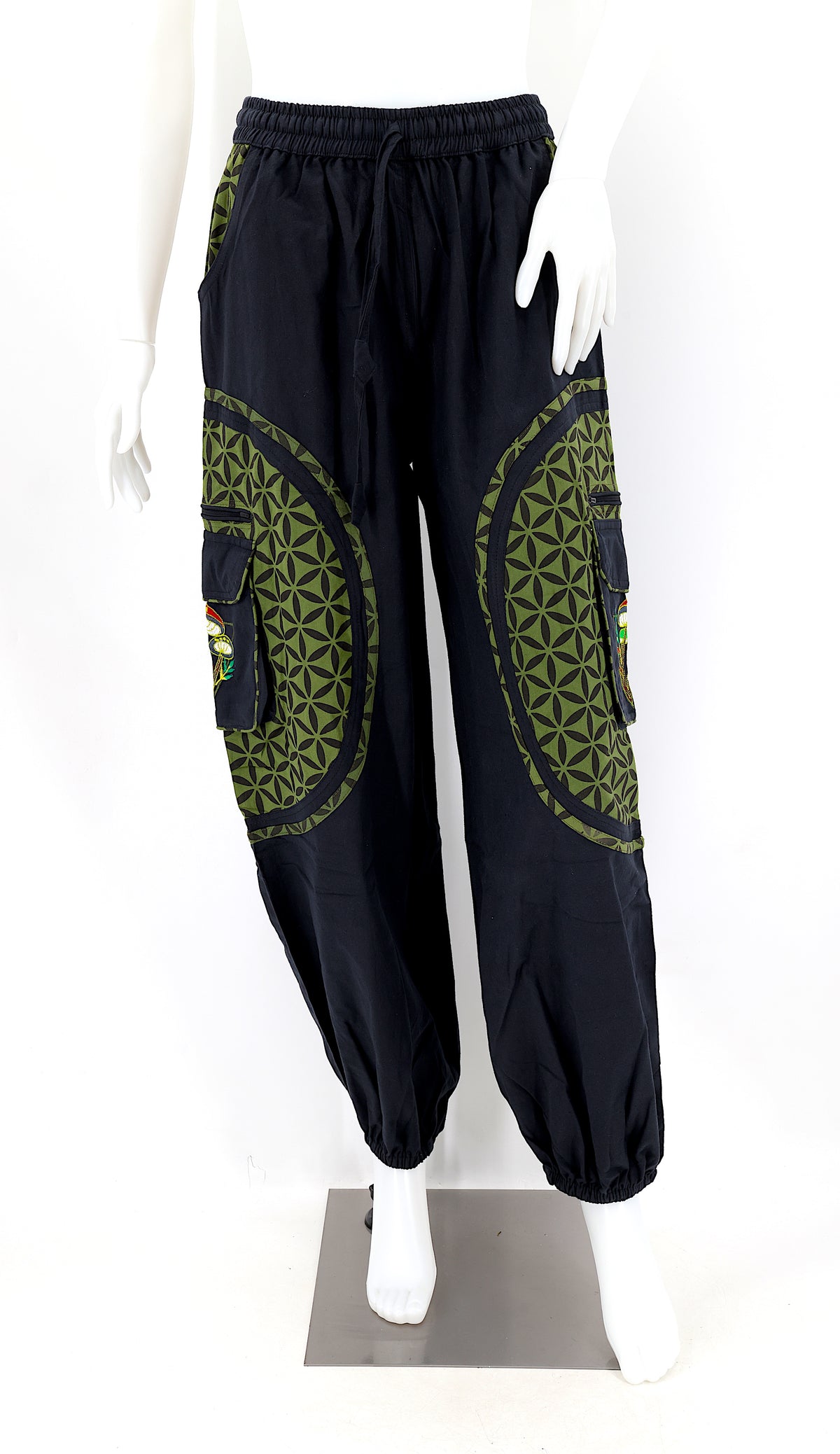 Artistic mushroom-stitched pants made from natural cotton