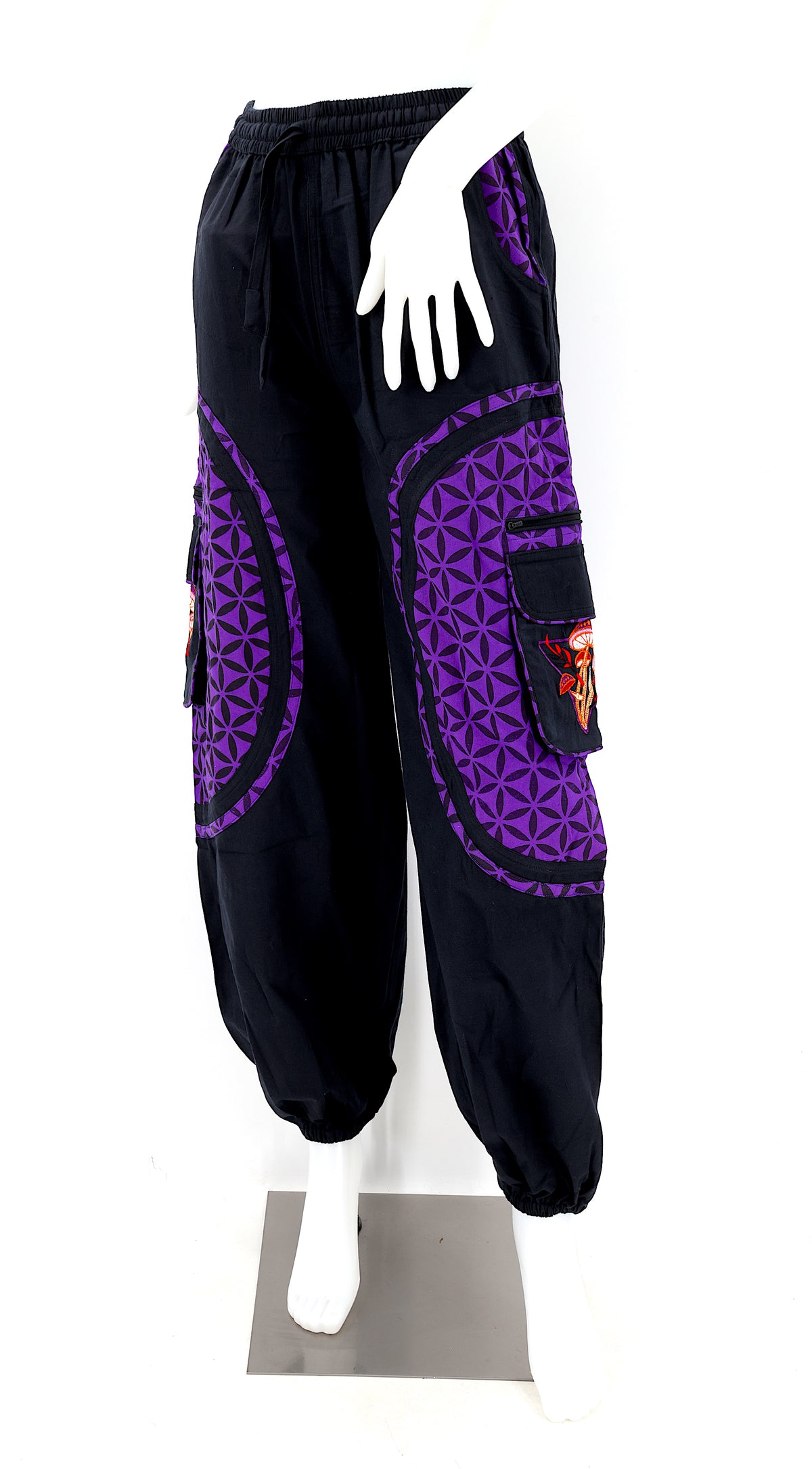 Artistic mushroom-stitched pants made from natural cotton