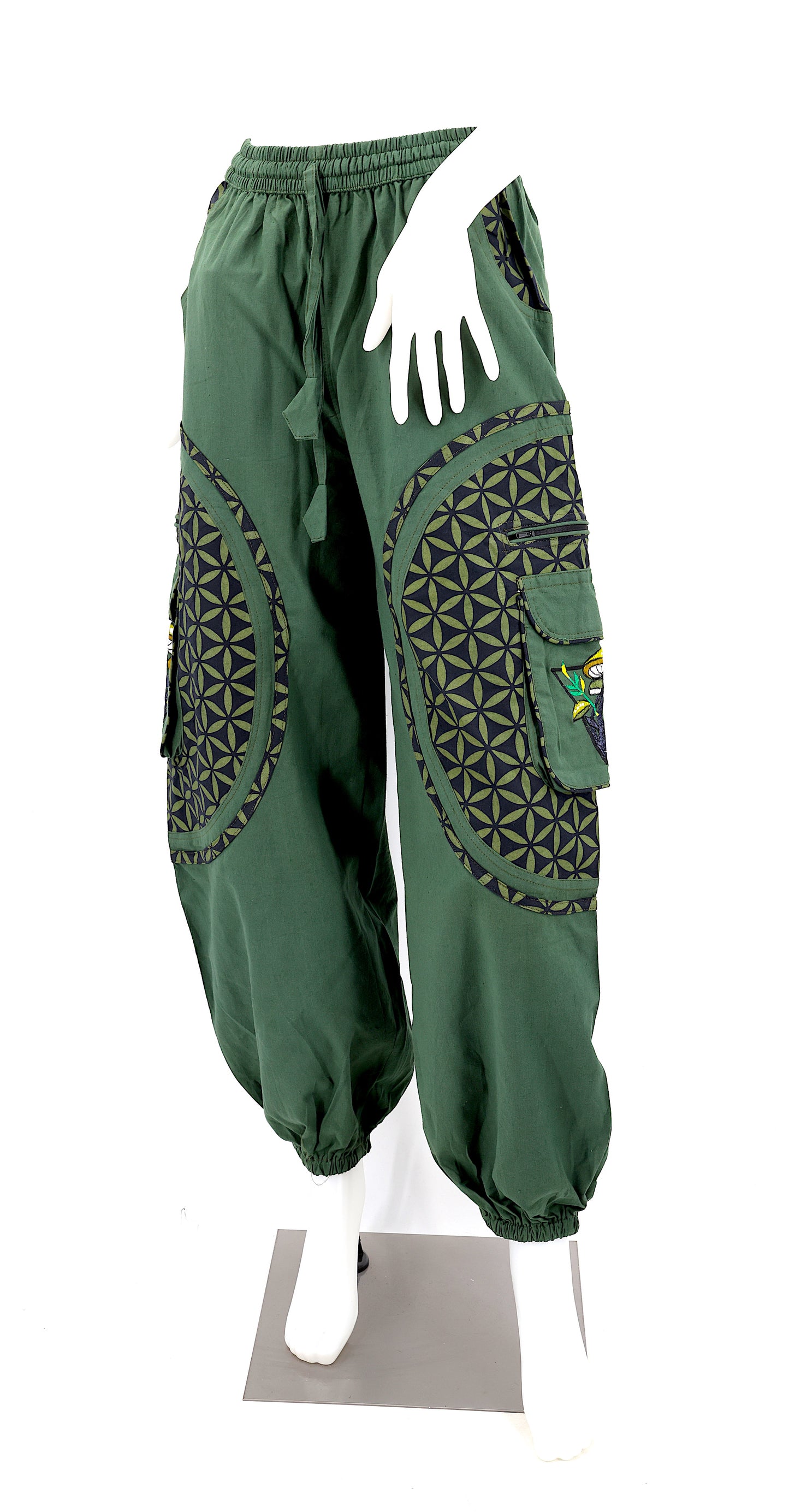 Artistic mushroom-stitched pants made from natural cotton
