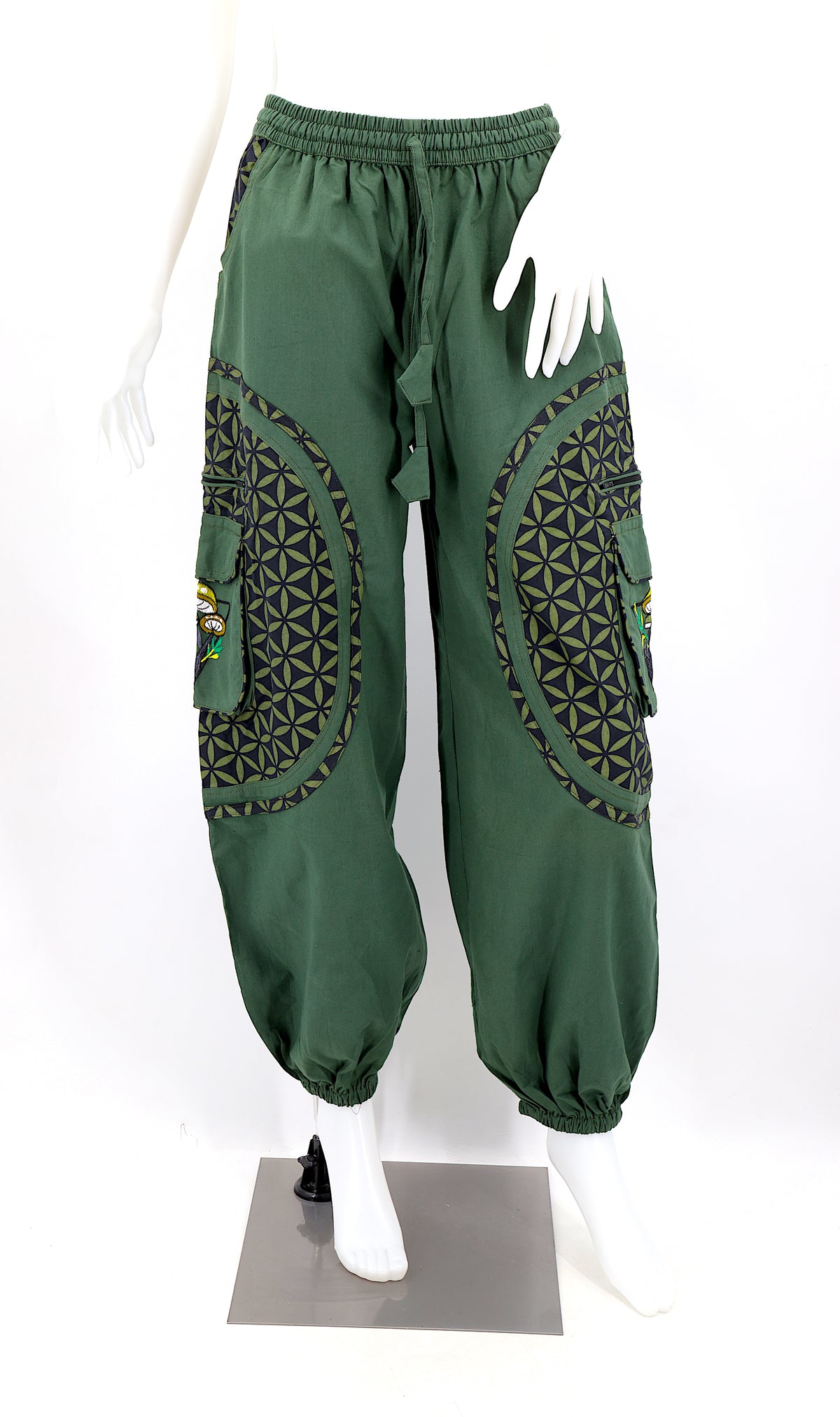Front view of embroidered mushroom harem trousers