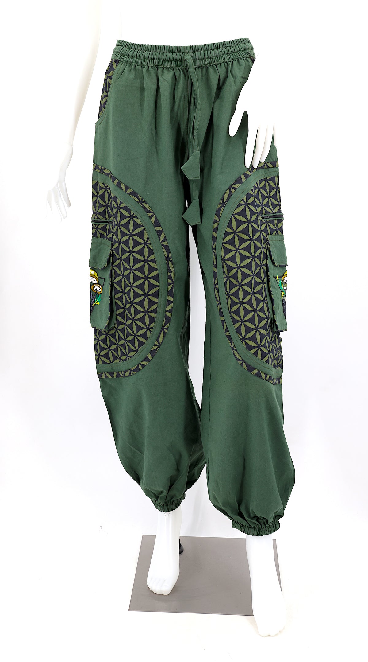 Artistic mushroom-stitched pants made from natural cotton