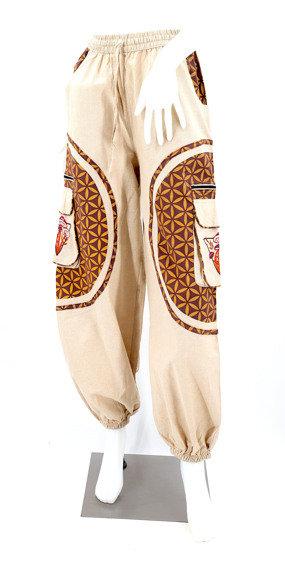 Artistic mushroom-stitched pants made from natural cotton