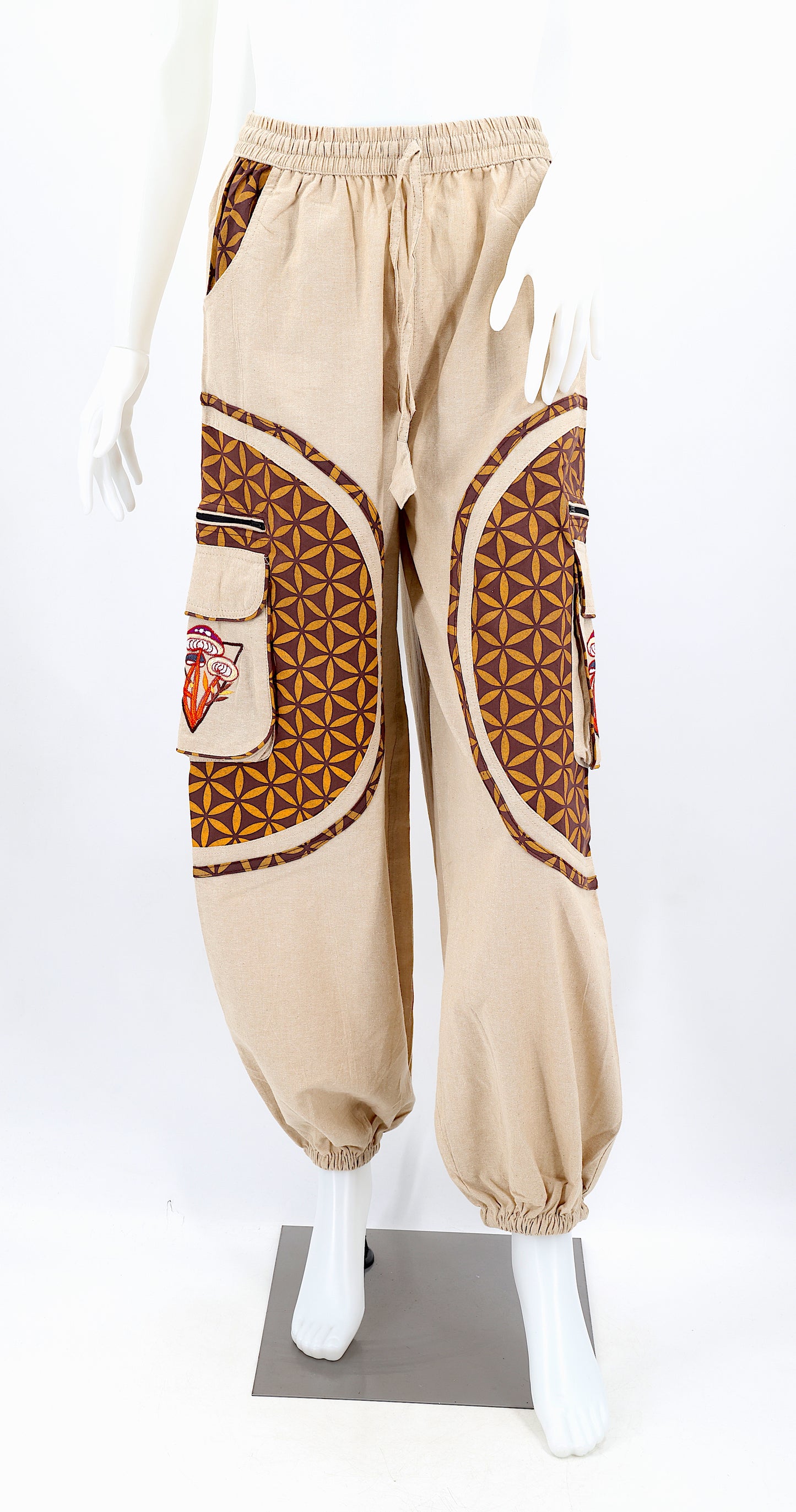 Artistic mushroom-stitched pants made from natural cotton