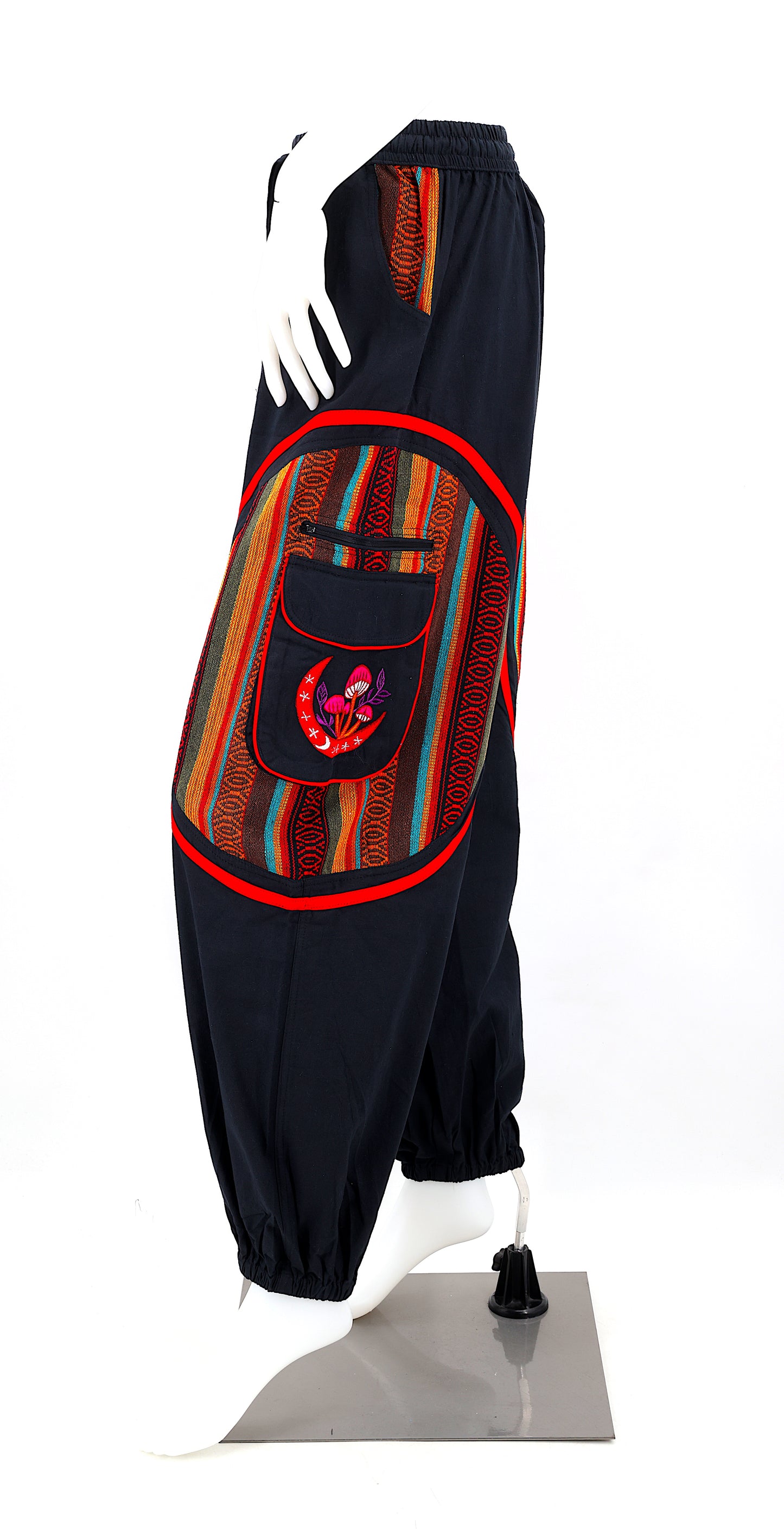 Side view highlighting secure zippered and buttoned pockets