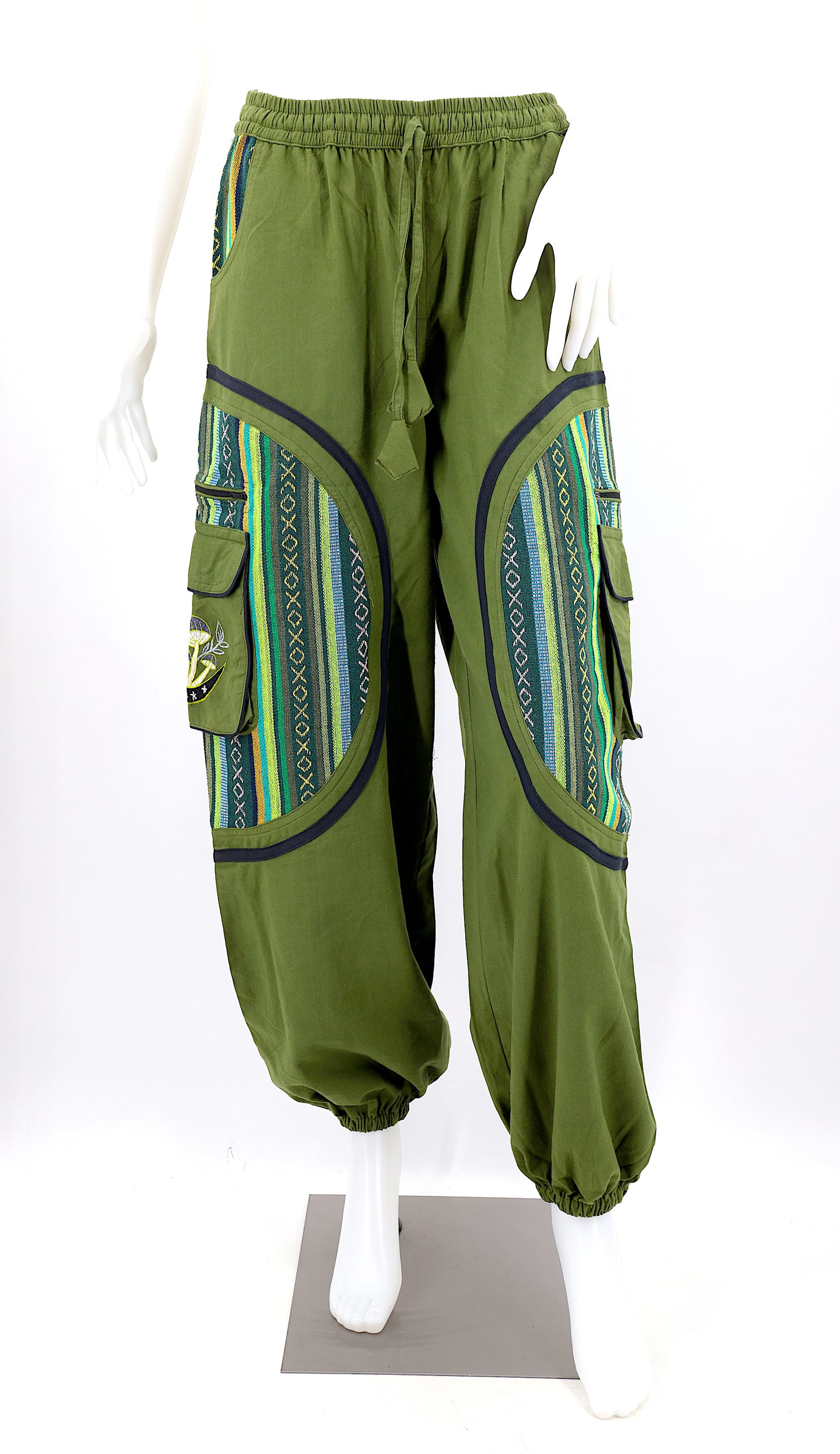 Front view of handmade moon and mushroom embroidered straight-leg harem pants