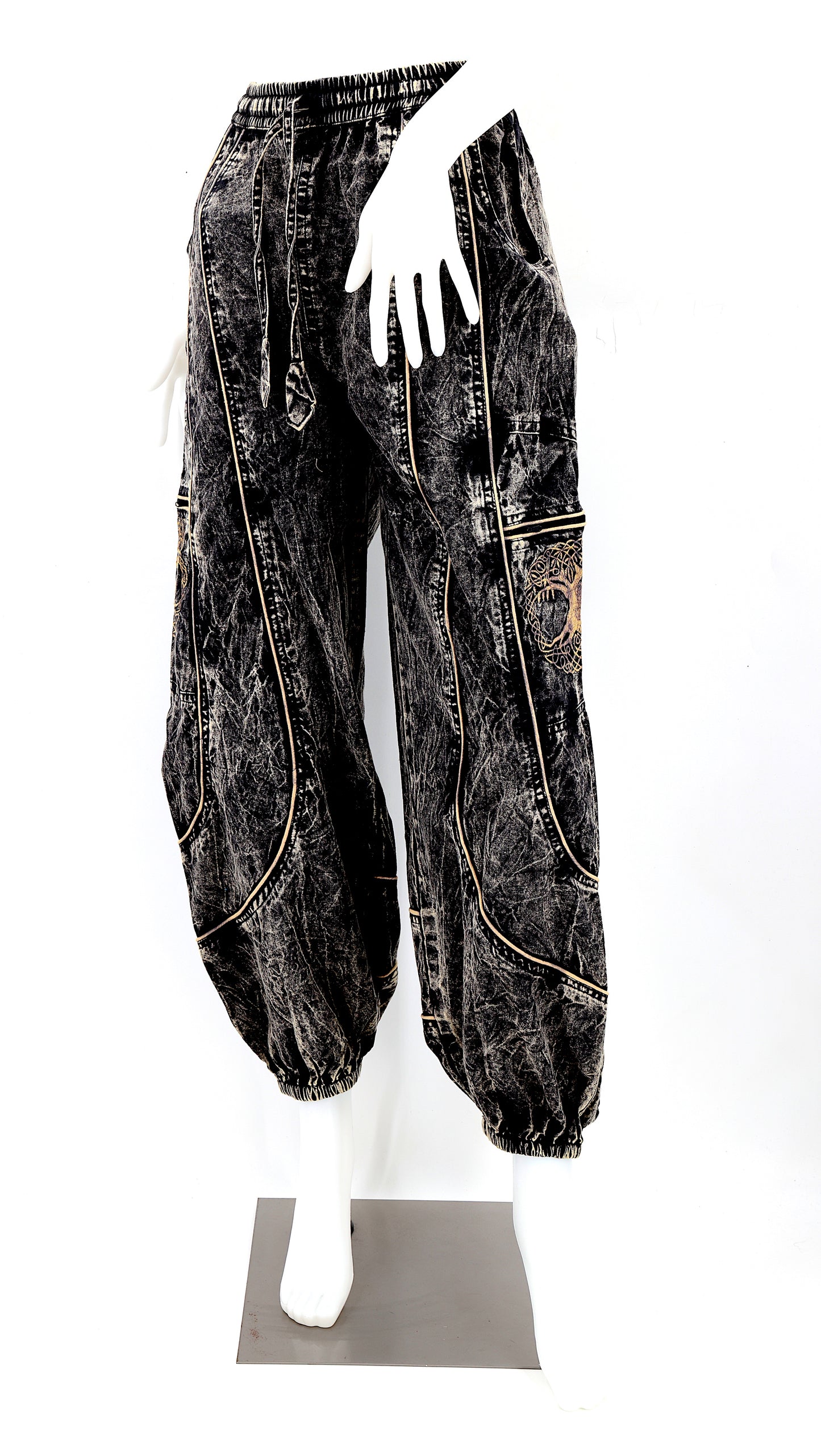 Front view of black handmade Tree of Life embroidered straight-leg harem pants