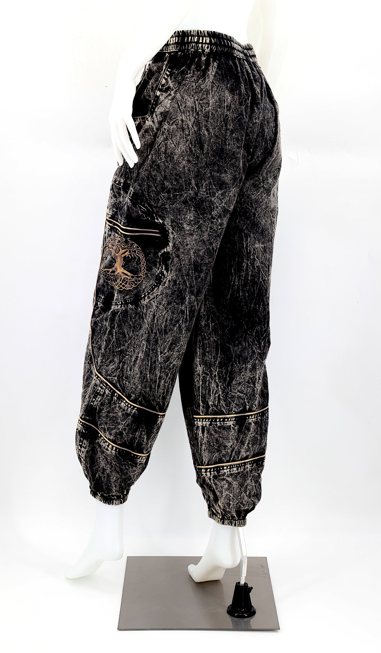 Back view of black handmade Tree of Life embroidered straight-leg harem pants