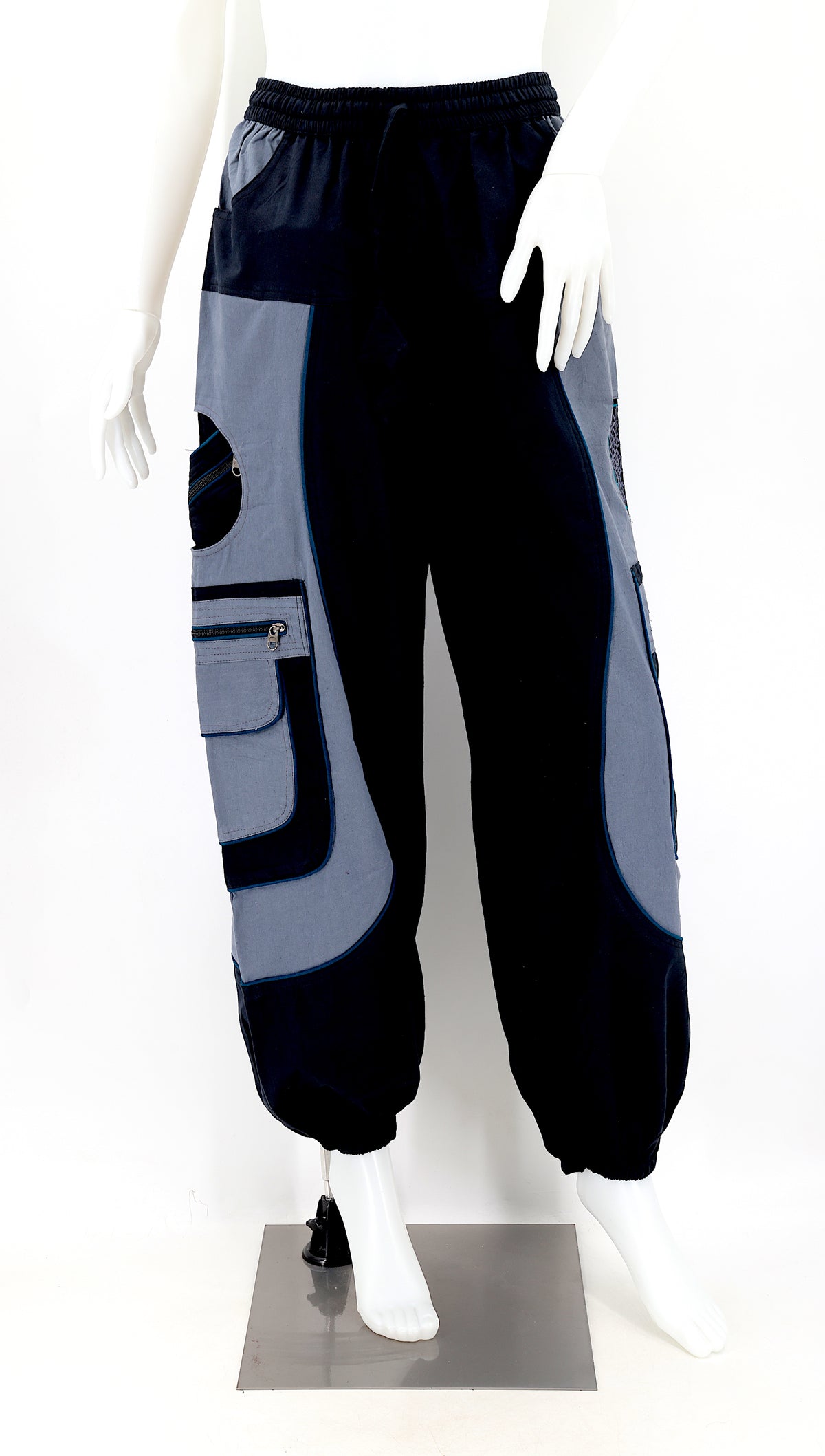 Front view of black gray handmade cotton harem pants with Flower of Life embroidery