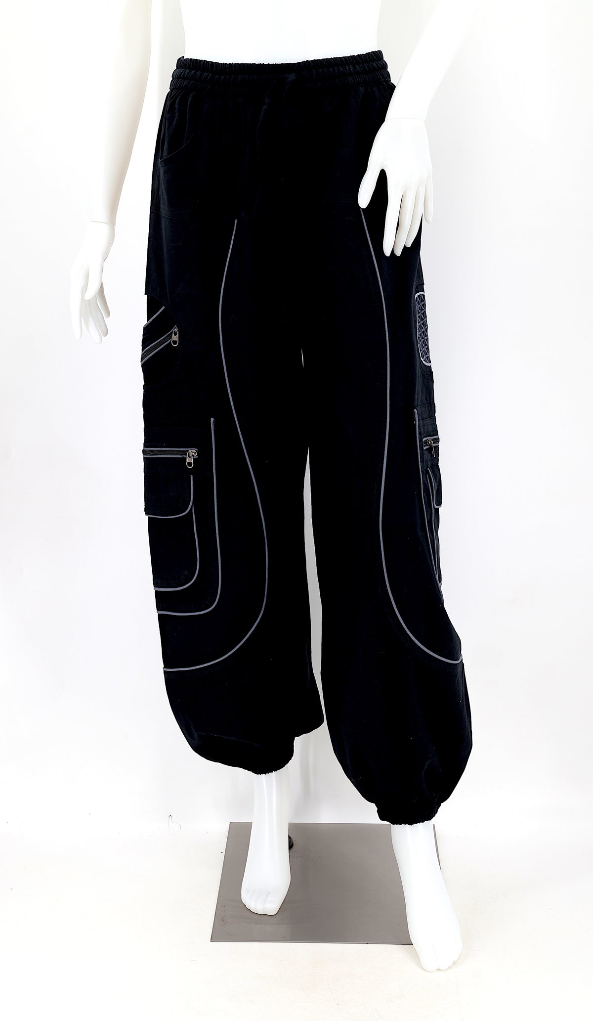 Front view of black handmade cotton harem pants with Flower of Life embroidery