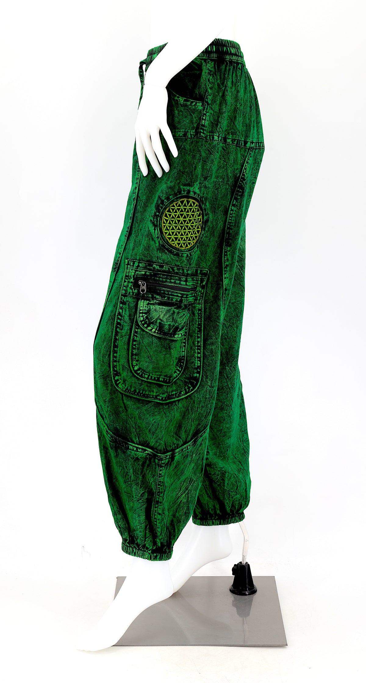 Side view showing relaxed fit and pocket detail of boho harem trousers