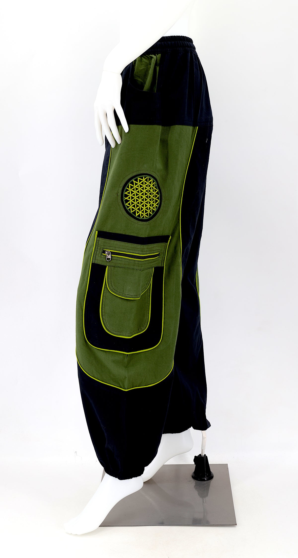 Side view showing relaxed fit and pocket detail of boho harem trousers