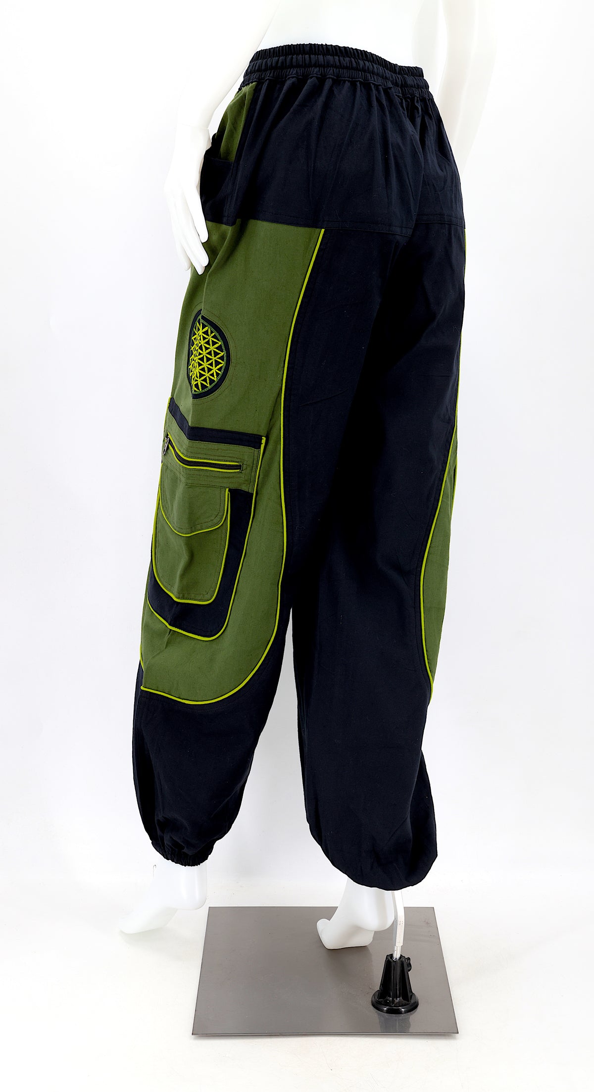 Back view of black green Nepalese cotton harem pants with elastic waistband