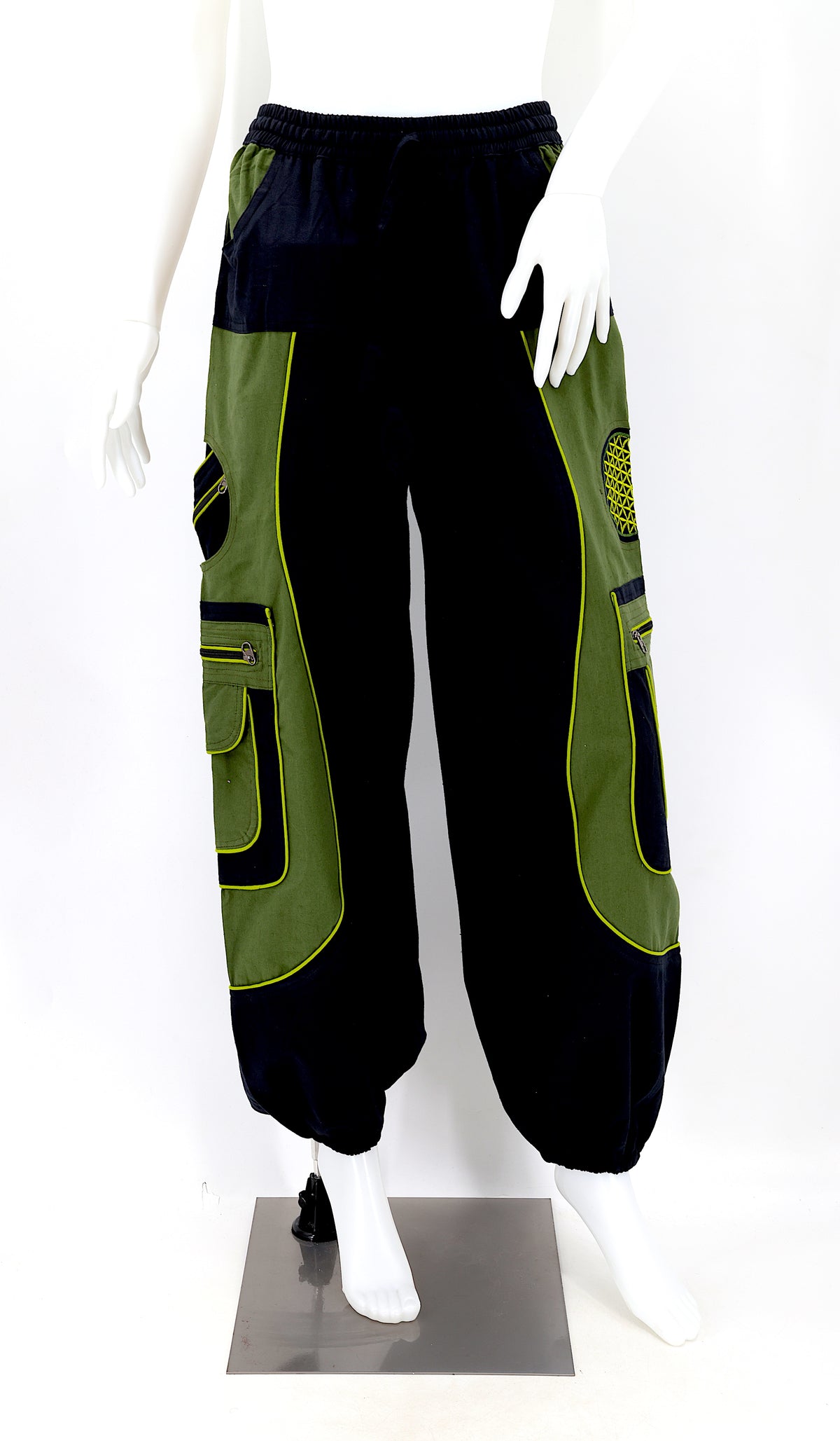 Front view of black green handmade cotton harem pants with Flower of Life embroidery