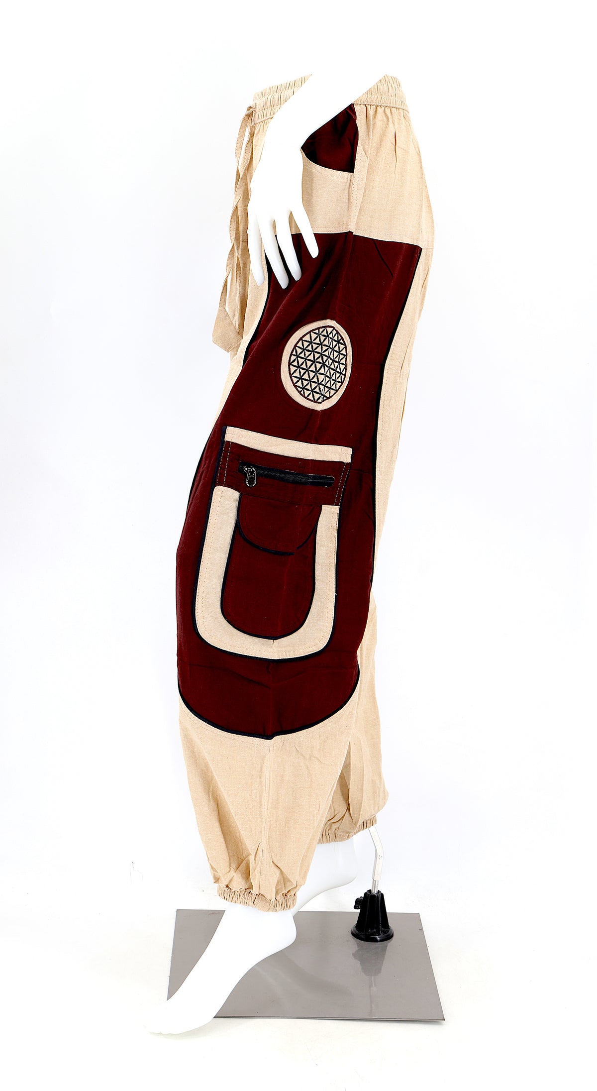 Side view showing relaxed fit and pocket detail of boho harem trousers