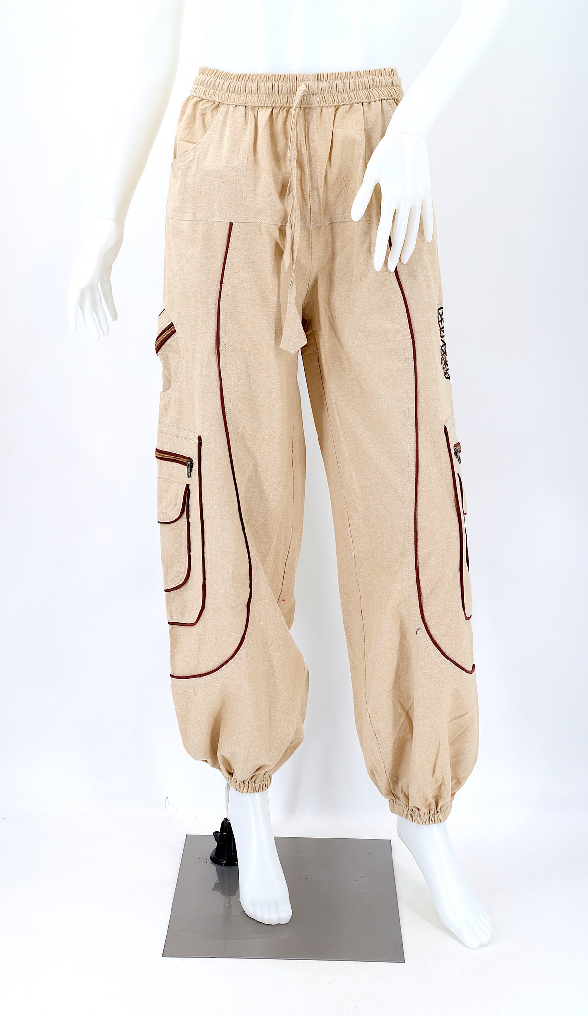Front view of beige handmade cotton harem pants with Flower of Life embroidery